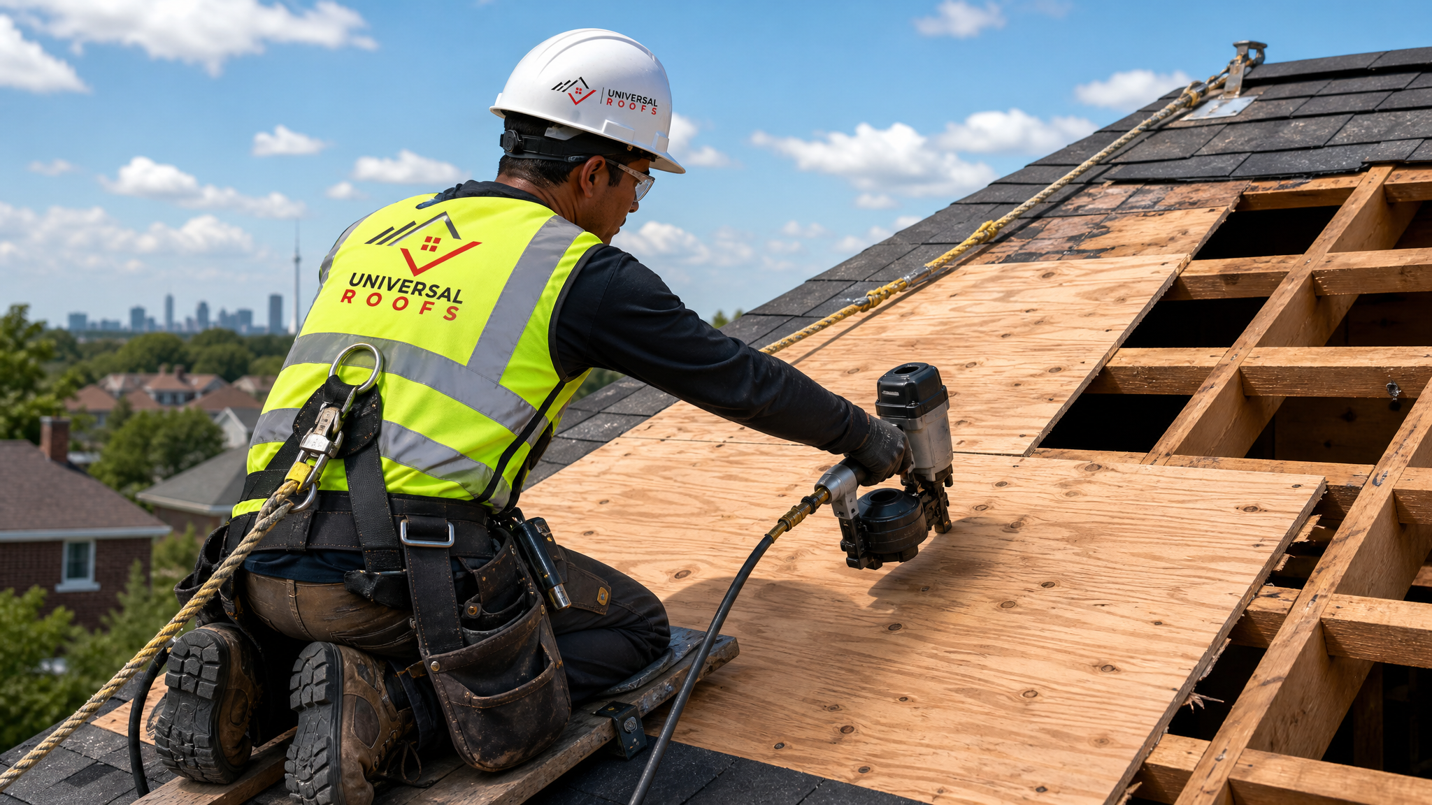 Roofer securing a fall protection harness while replacing a section of damaged roof decking