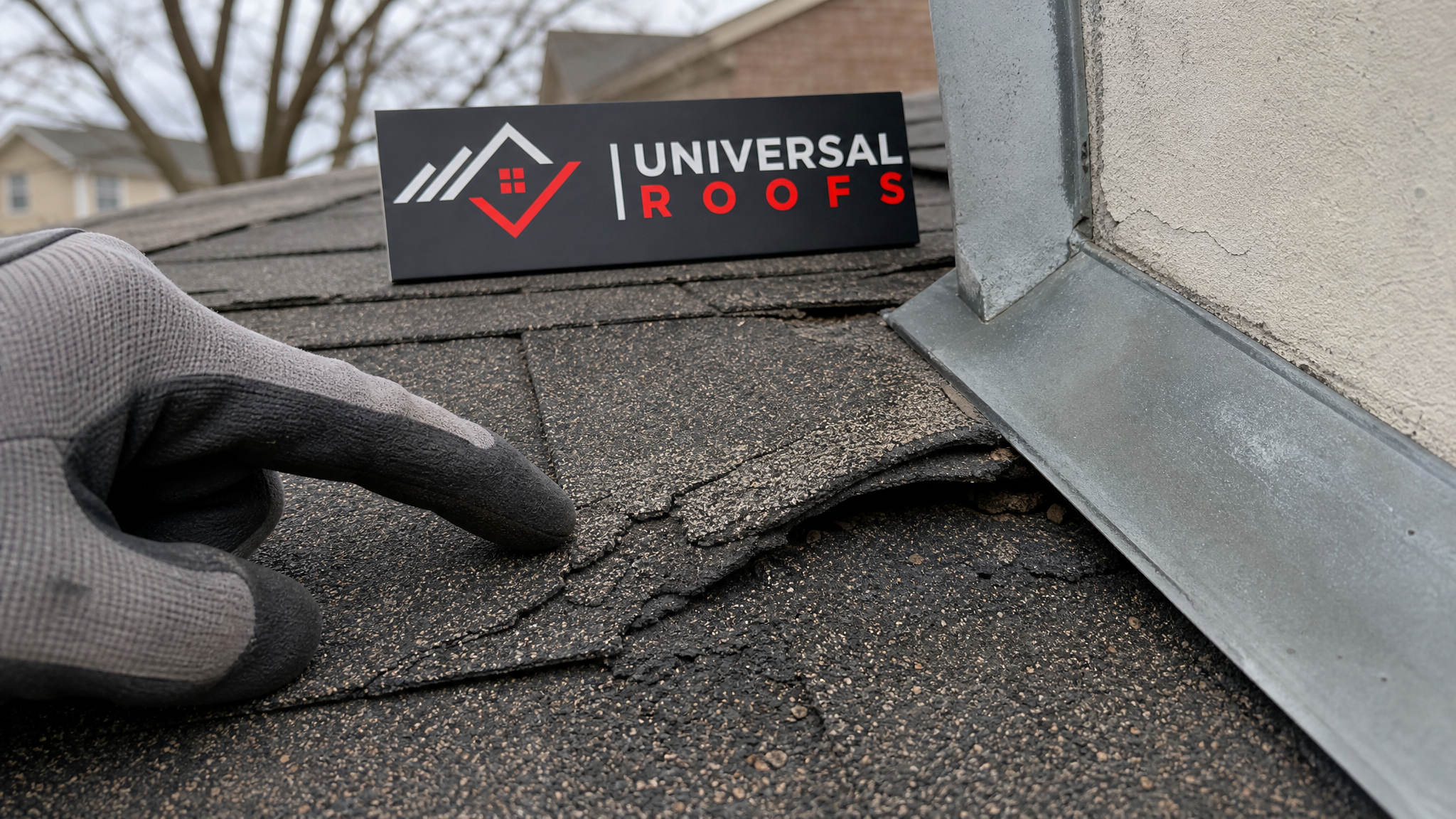 Close-up of damaged asphalt shingles and flashing being examined during a roof inspection, showing cracking and wear
