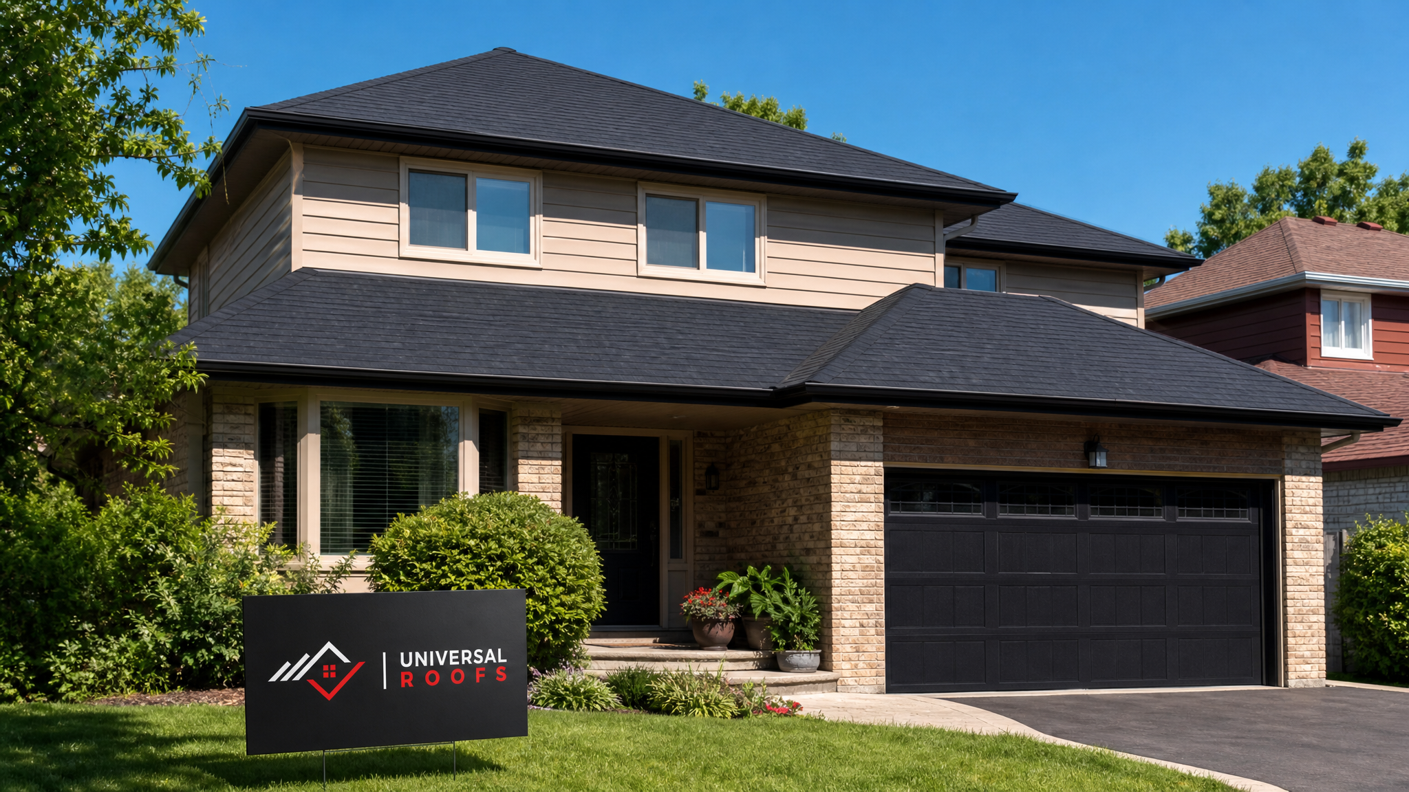 Finished residential roof in Toronto after a professional inspection and repair, shown in bright summer daylight with a branded sign placard nearby