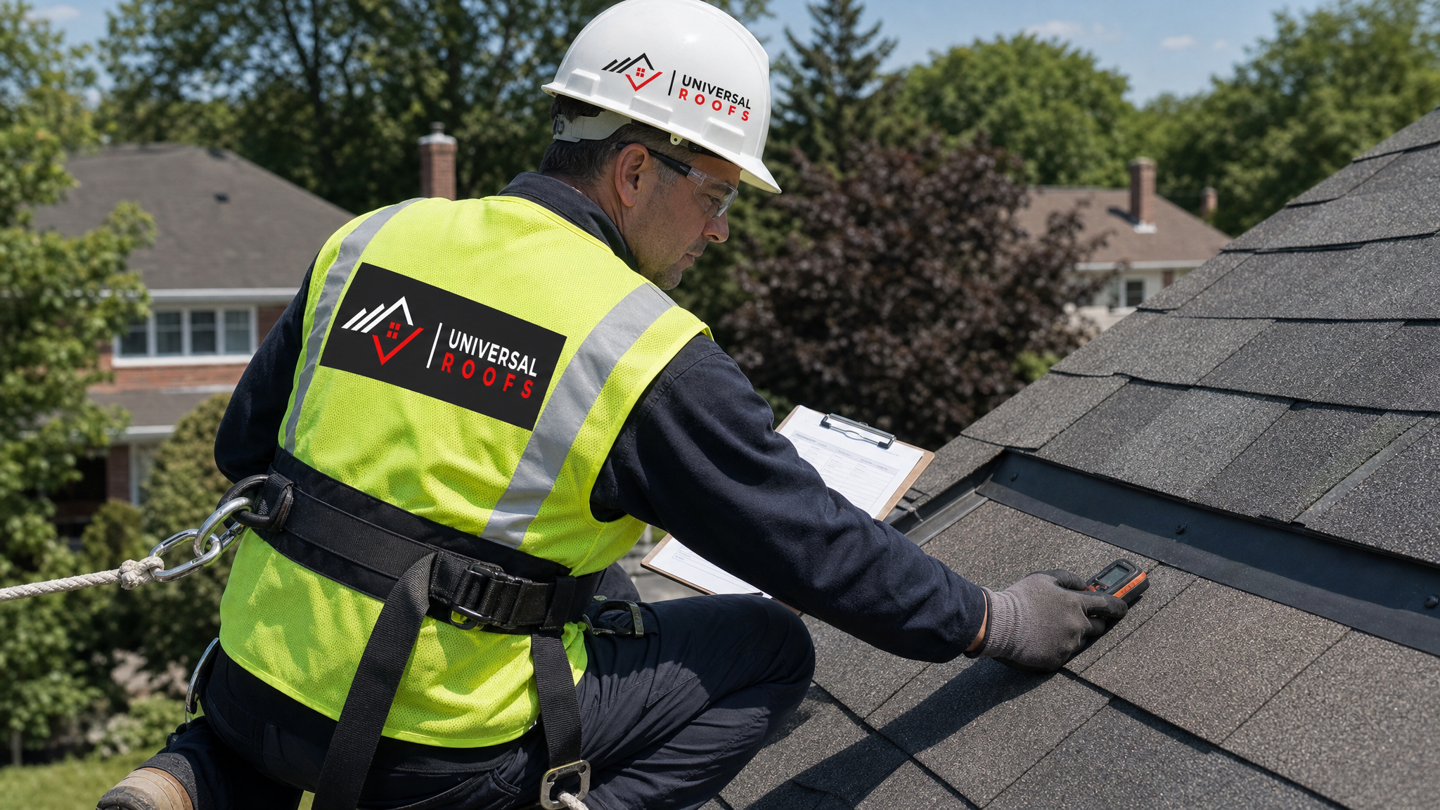 Roofing inspector on a ladder at height examining shingles and flashing during a professional roof inspection, wearing full safety gear