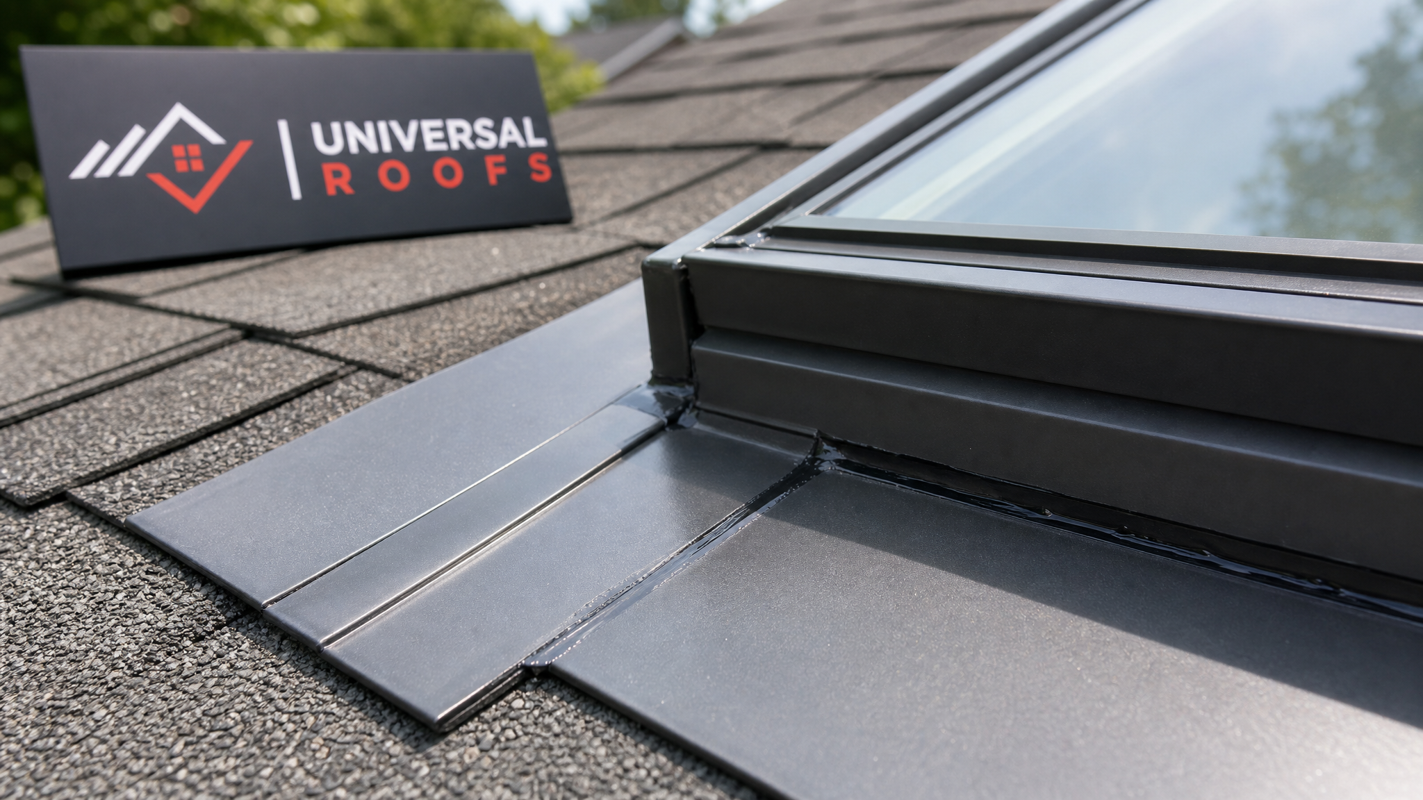 Close-up of new step flashing and sealant around a skylight frame on a residential roof