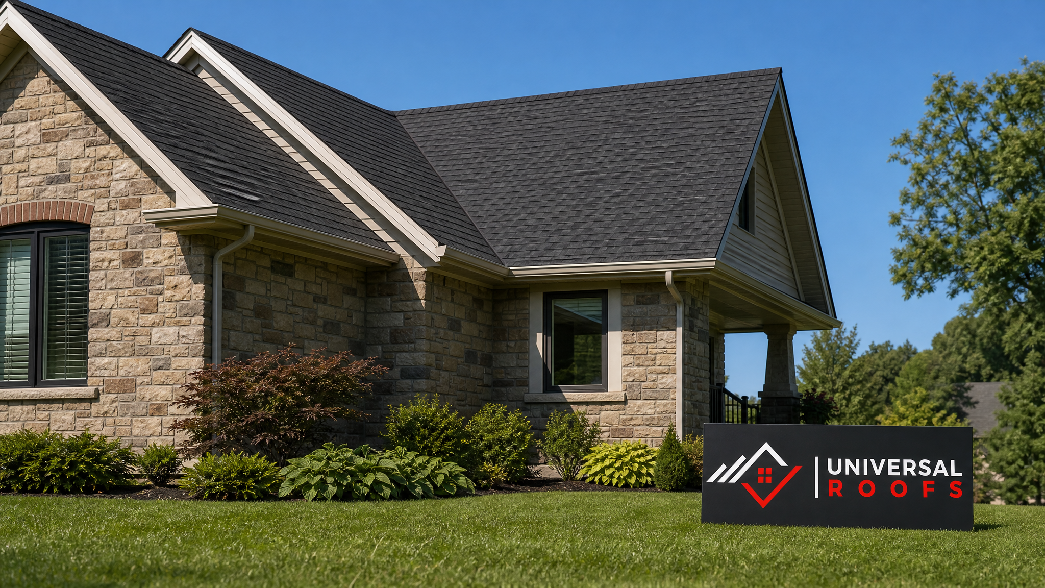 Newly repaired asphalt shingle roof on a Toronto home under clear summer sky with no visible damage