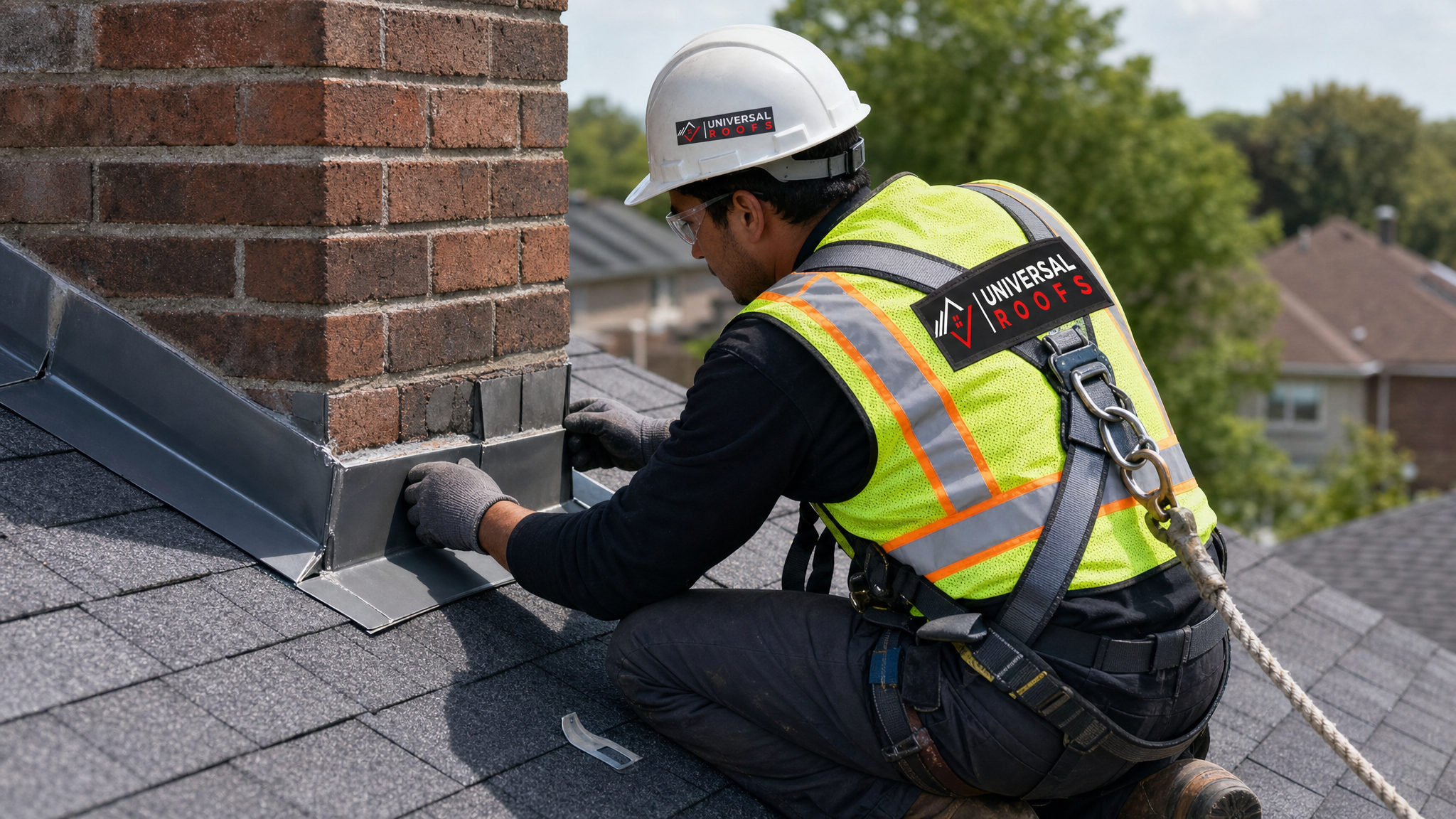 Roofer wearing full safety harness inspecting flashing around a chimney for the source of a roof leak