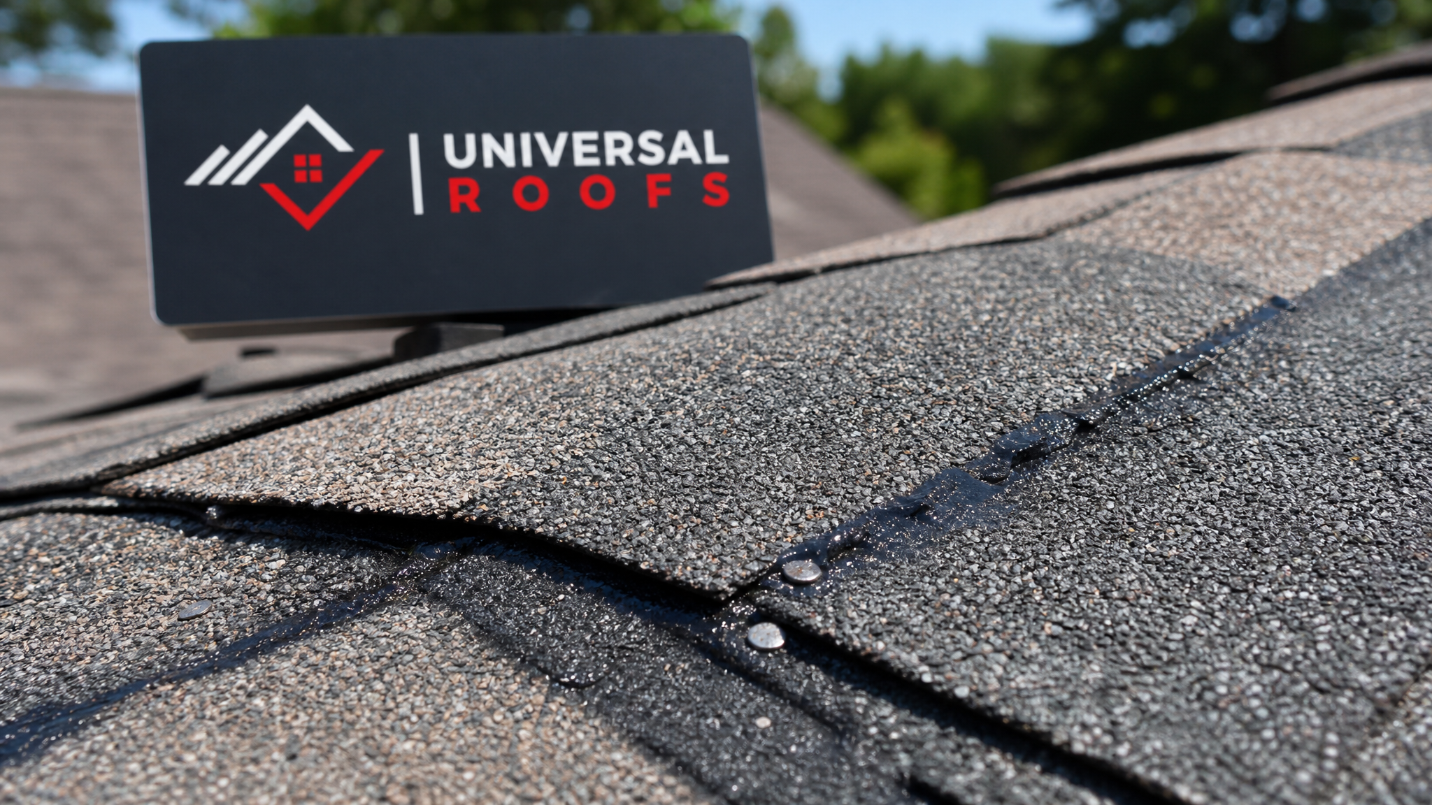 Close-up of overlapping asphalt shingle edges and sealed nail heads after a roof patch repair