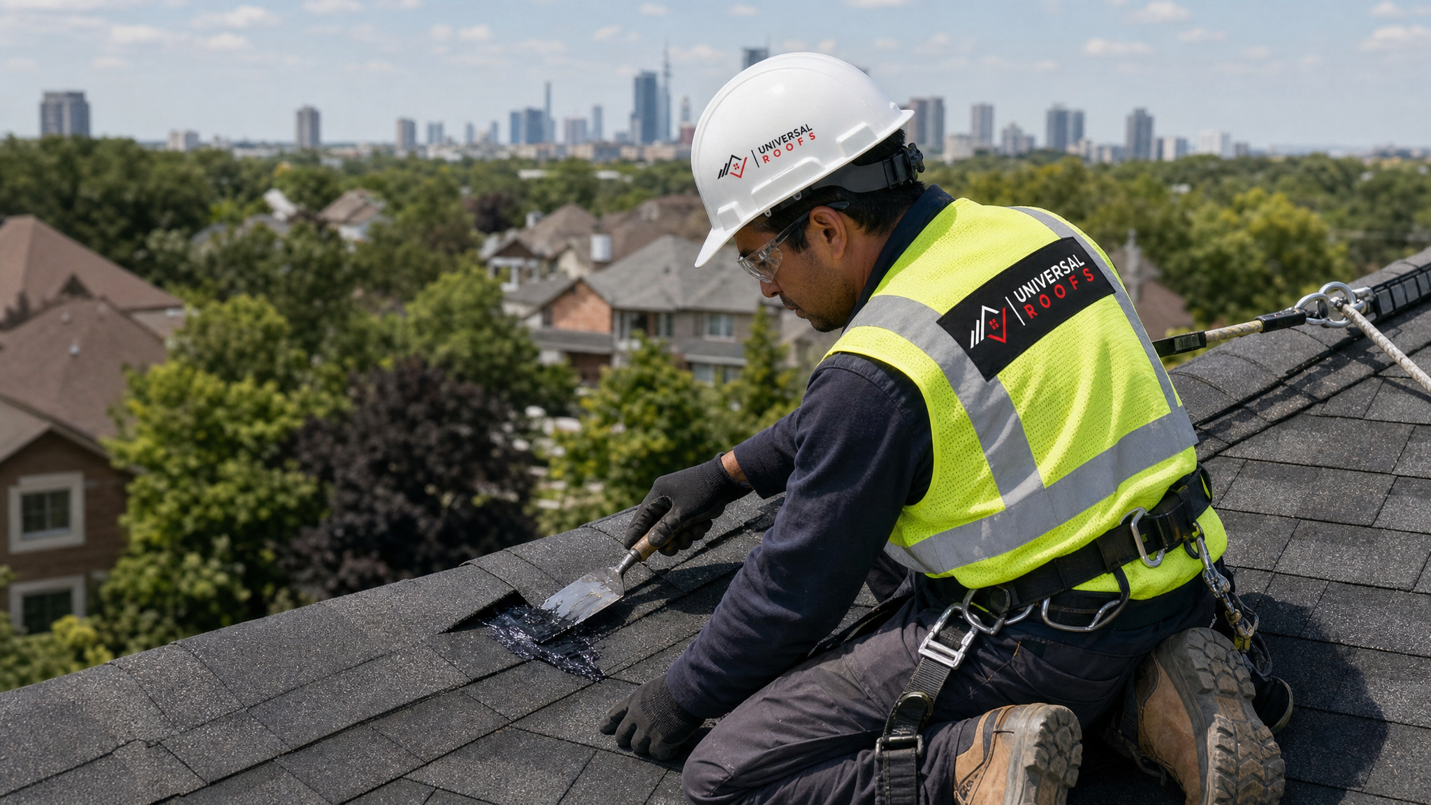 Roofer wearing full safety harness applying a membrane patch to a flat roof section on a sunny day