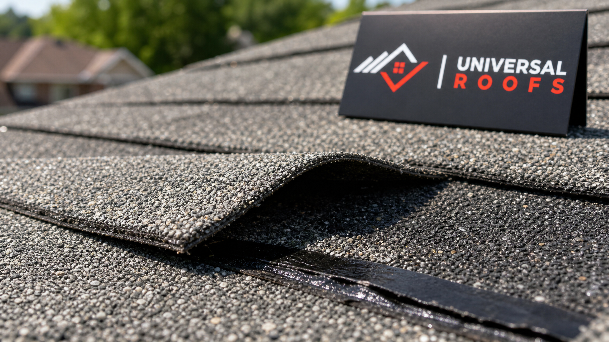 Close-up of asphalt shingle tab and sealant strip showing proper repair technique and material detail