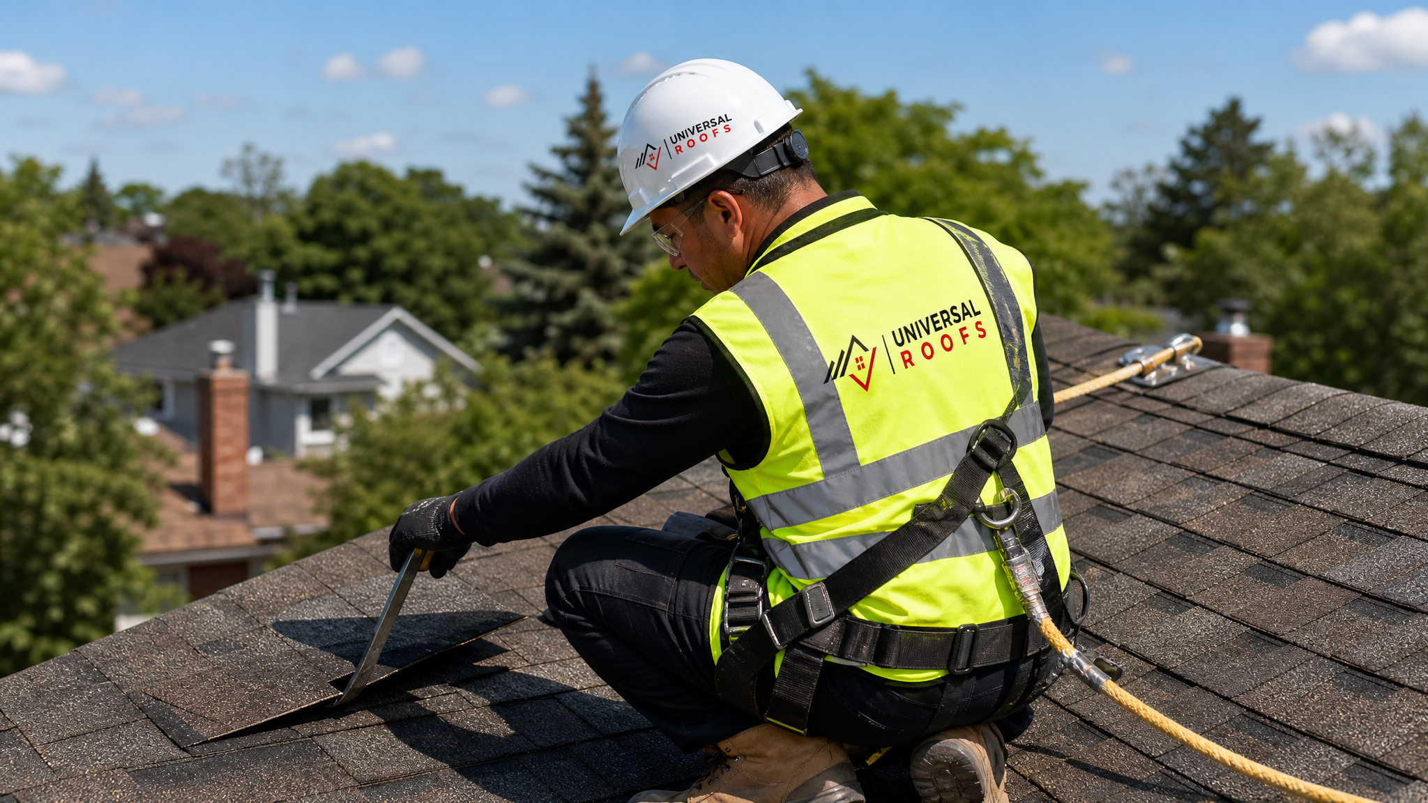 Roofing technician wearing full safety harness replacing an individual shingle on a sloped roof in daylight