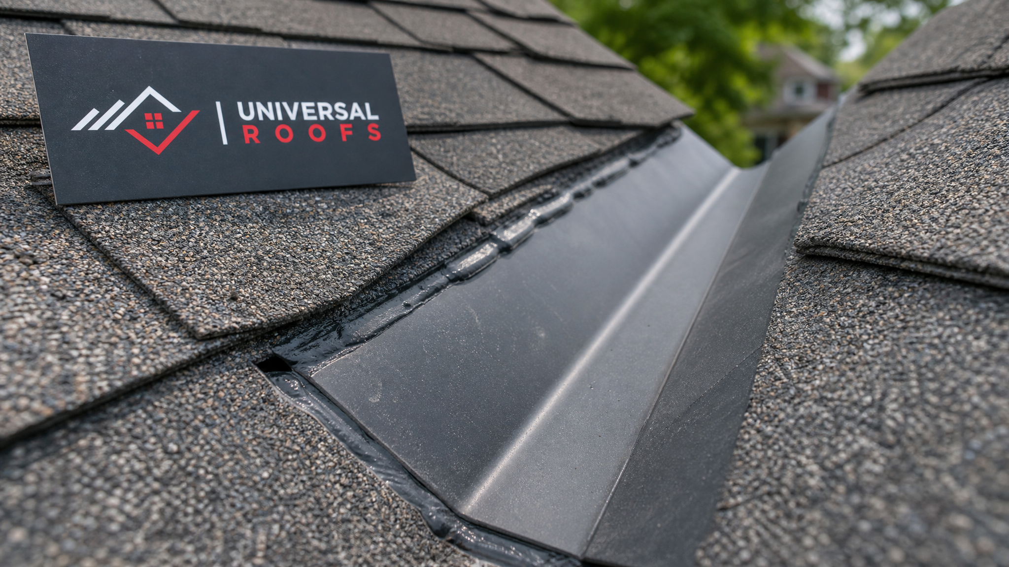 Close-up detail of asphalt shingle edges and metal flashing at a roof valley, showing proper seal and overlap, with a Universal Roofs branded sign placard nearby