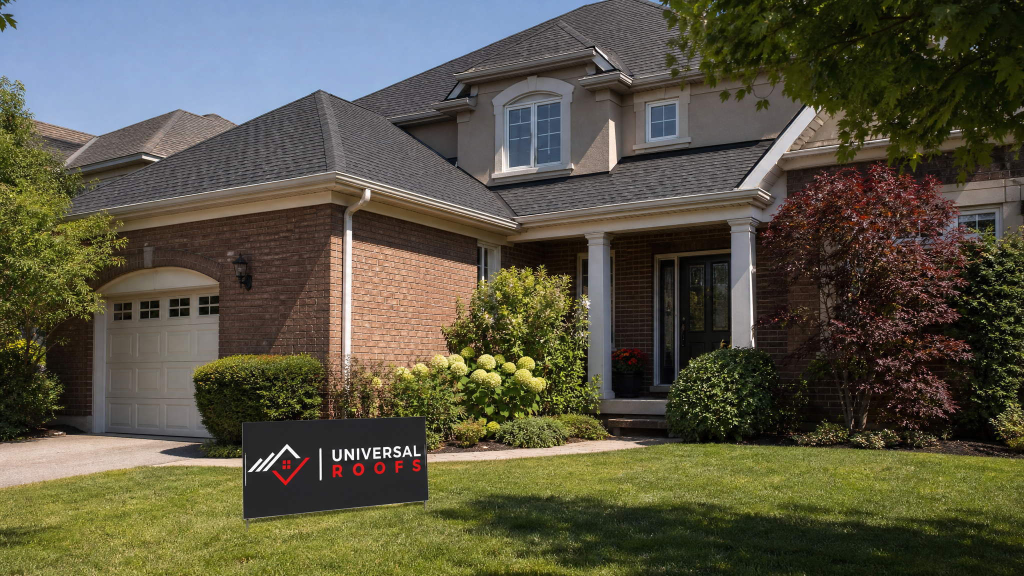 A well-maintained Toronto home roof in summer daylight with clean shingles, clear gutters, and a Universal Roofs branded sign placard resting on the lawn