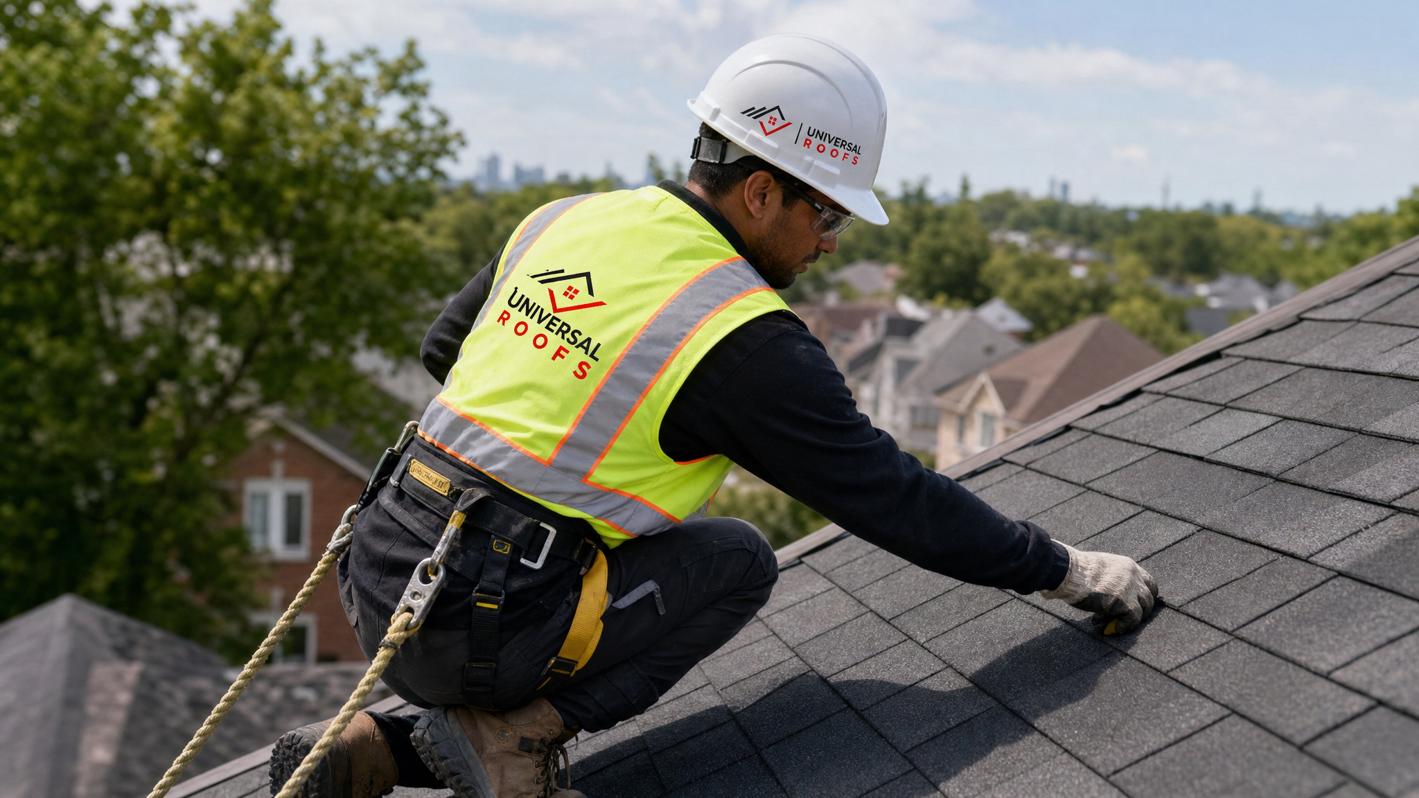 A roofing technician in a hard hat, high-visibility safety vest, safety glasses, gloves, and a fall-protection harness inspecting shingles on a residential Toronto roof in summer daylight