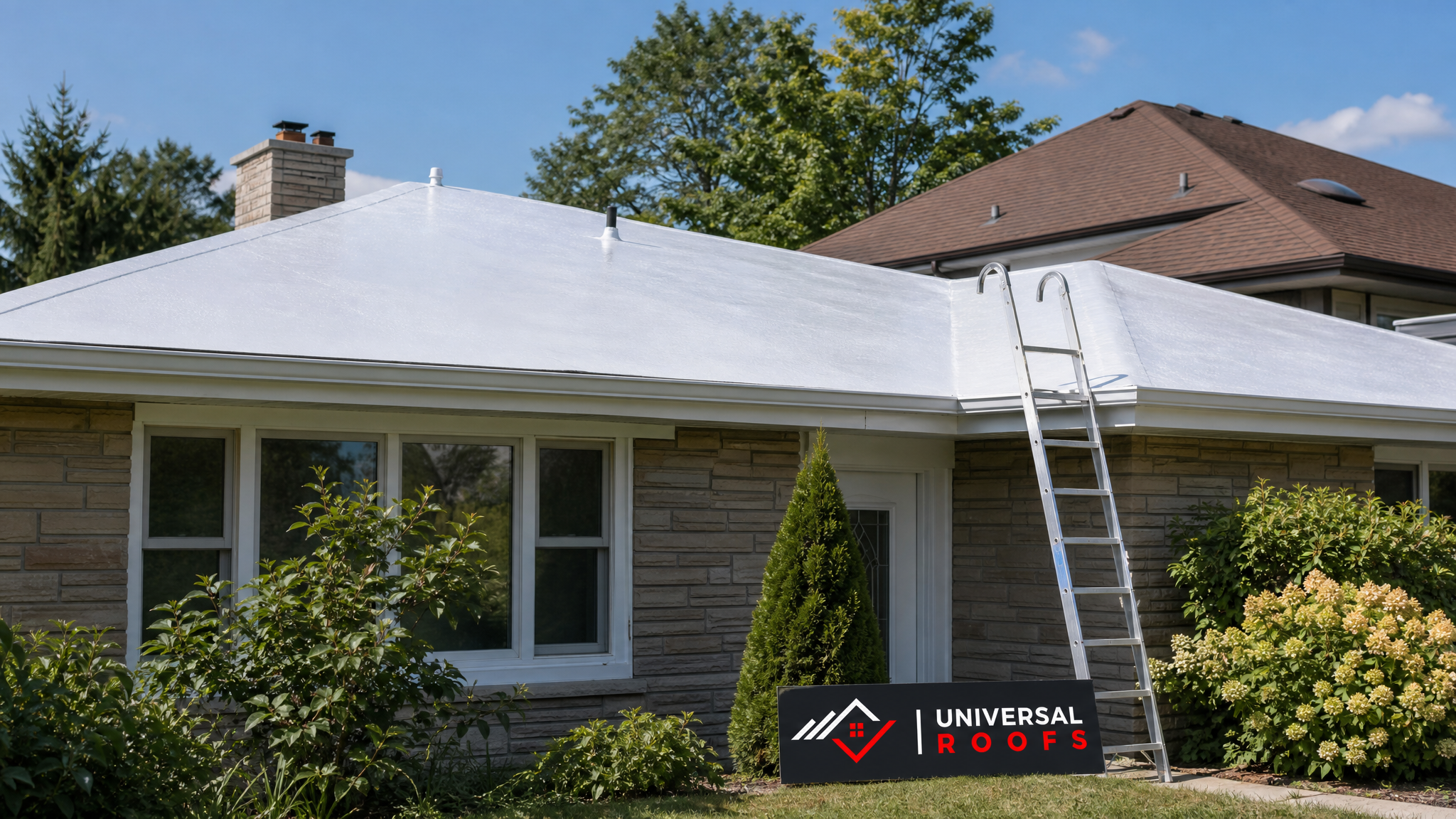 Freshly coated residential roof in Toronto reflecting bright summer sunlight after UV resistant coating application