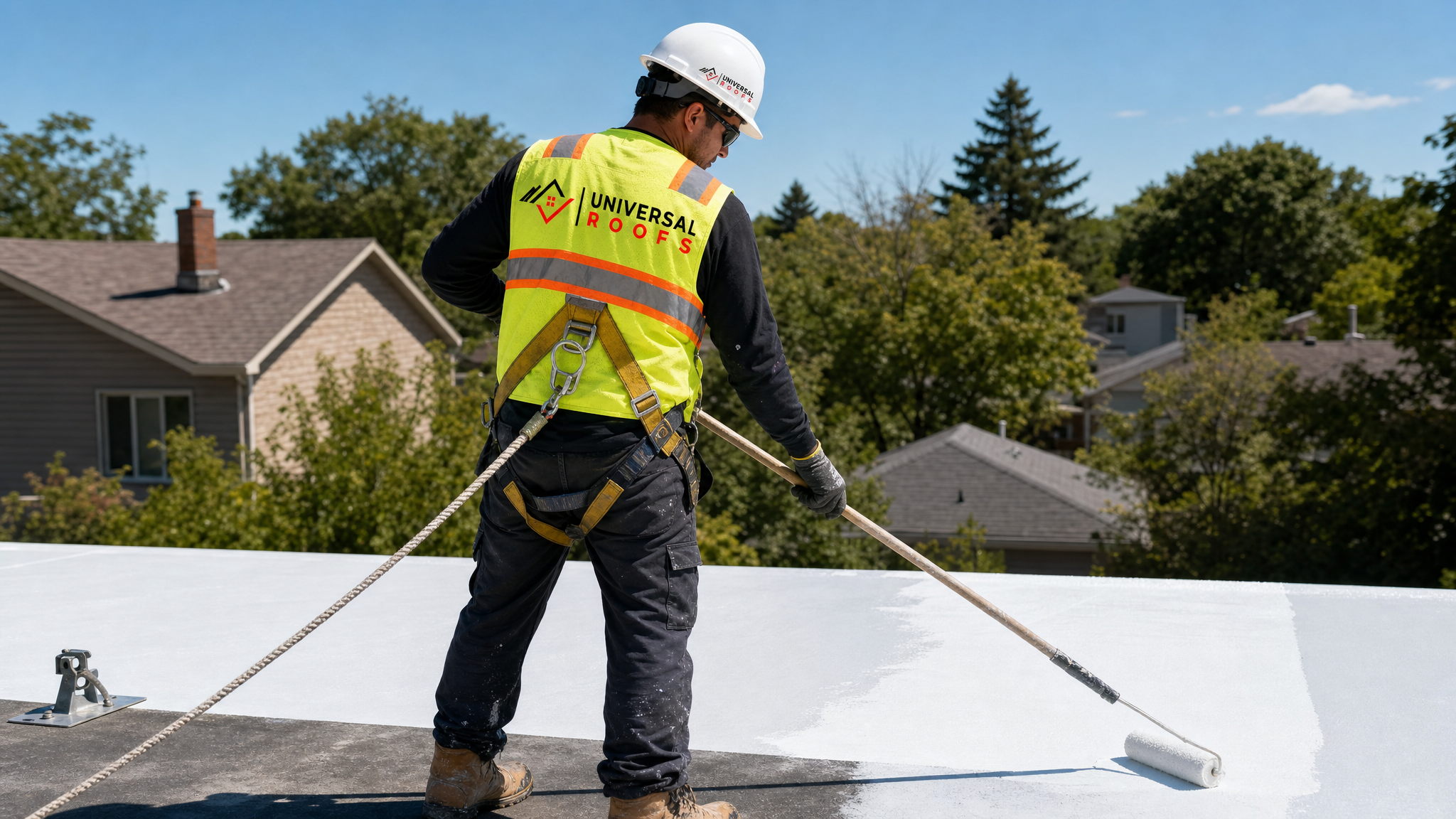 Roofing technician in full safety harness applying UV resistant coating with a roller on a Toronto flat roof in daylight