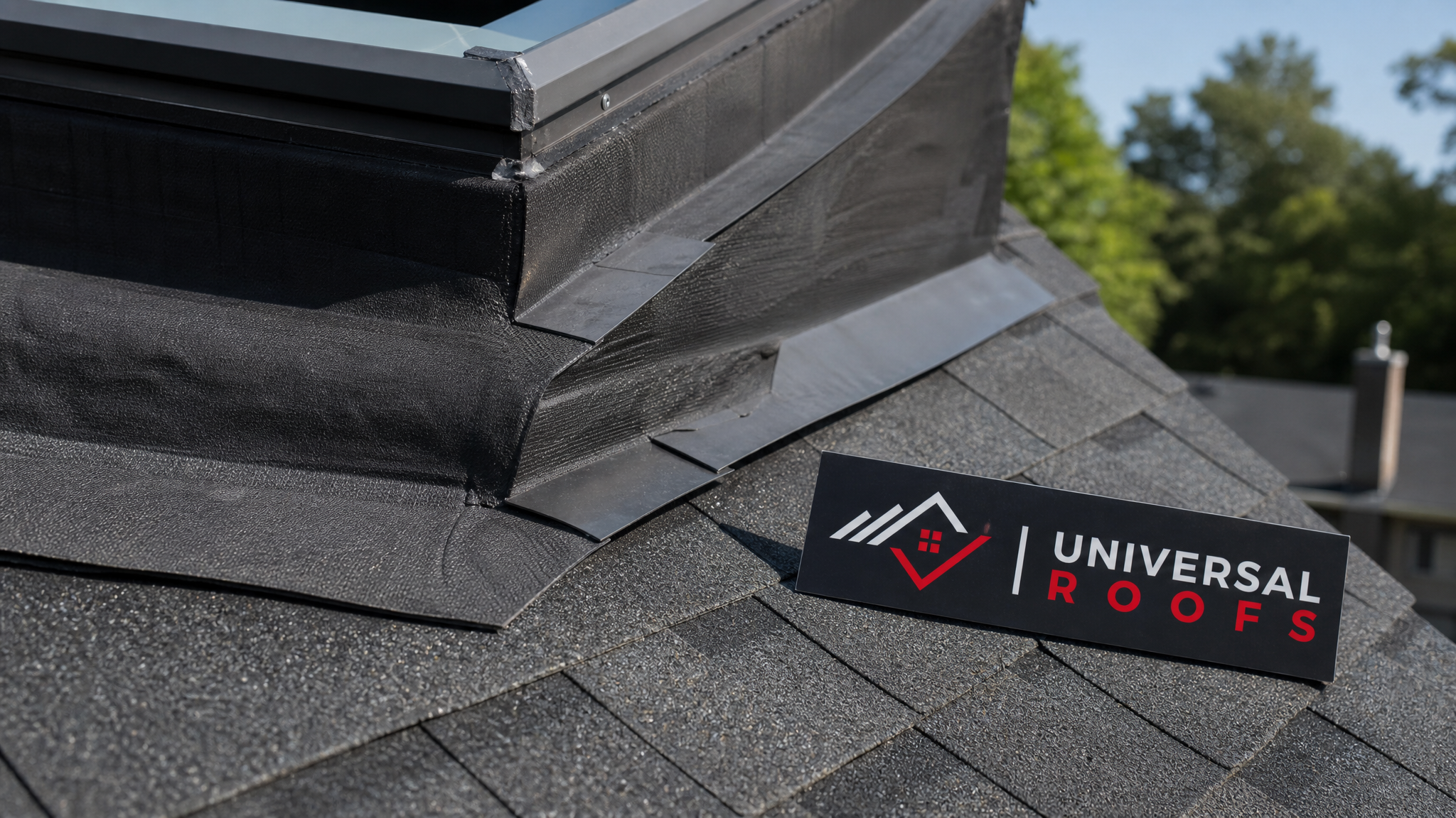 Close-up of layered ice-and-water shield membrane and step flashing around a skylight curb on a Toronto roof