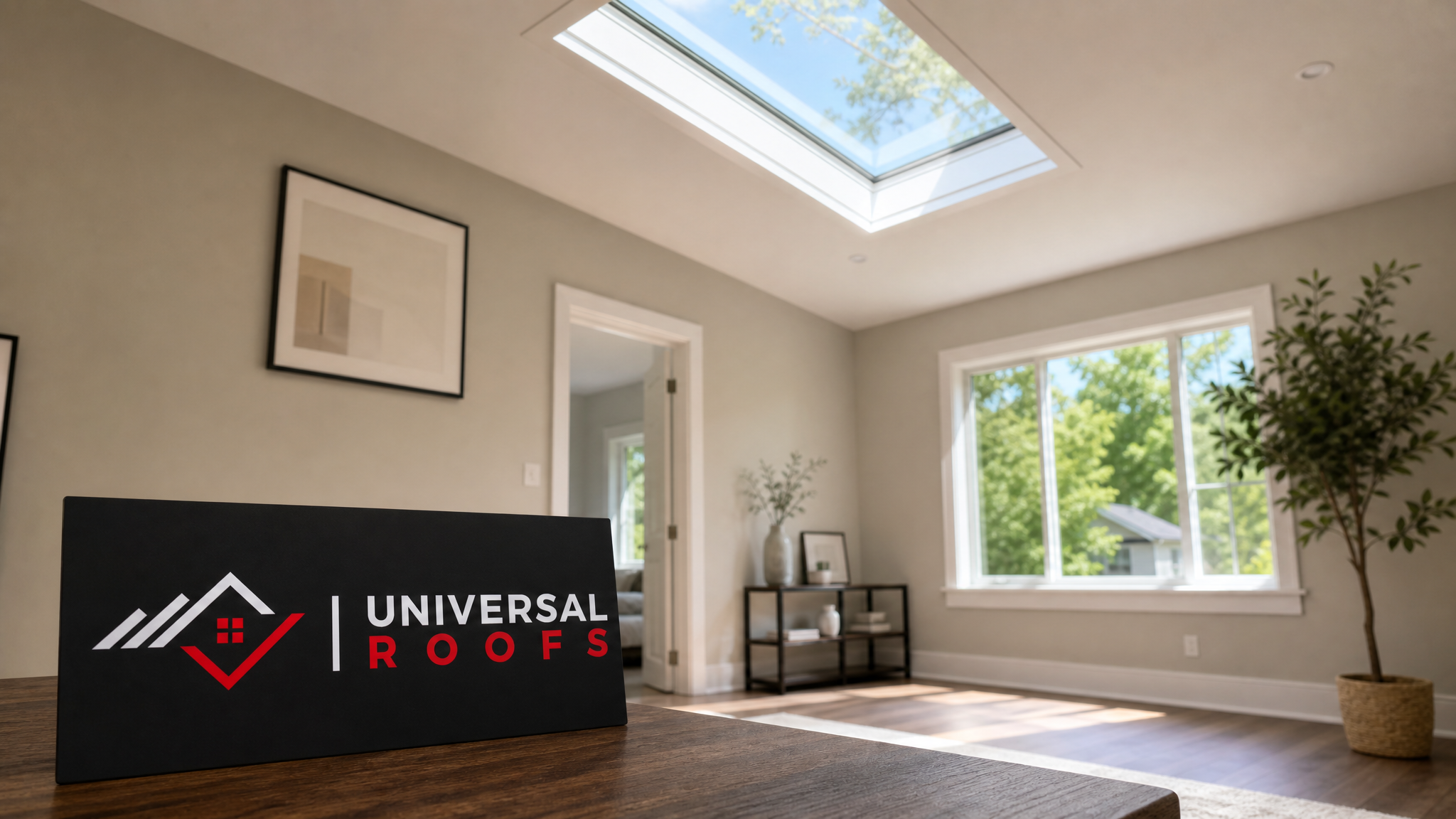 Finished skylight installation on a Toronto home letting natural light into a bright interior room on a sunny summer day