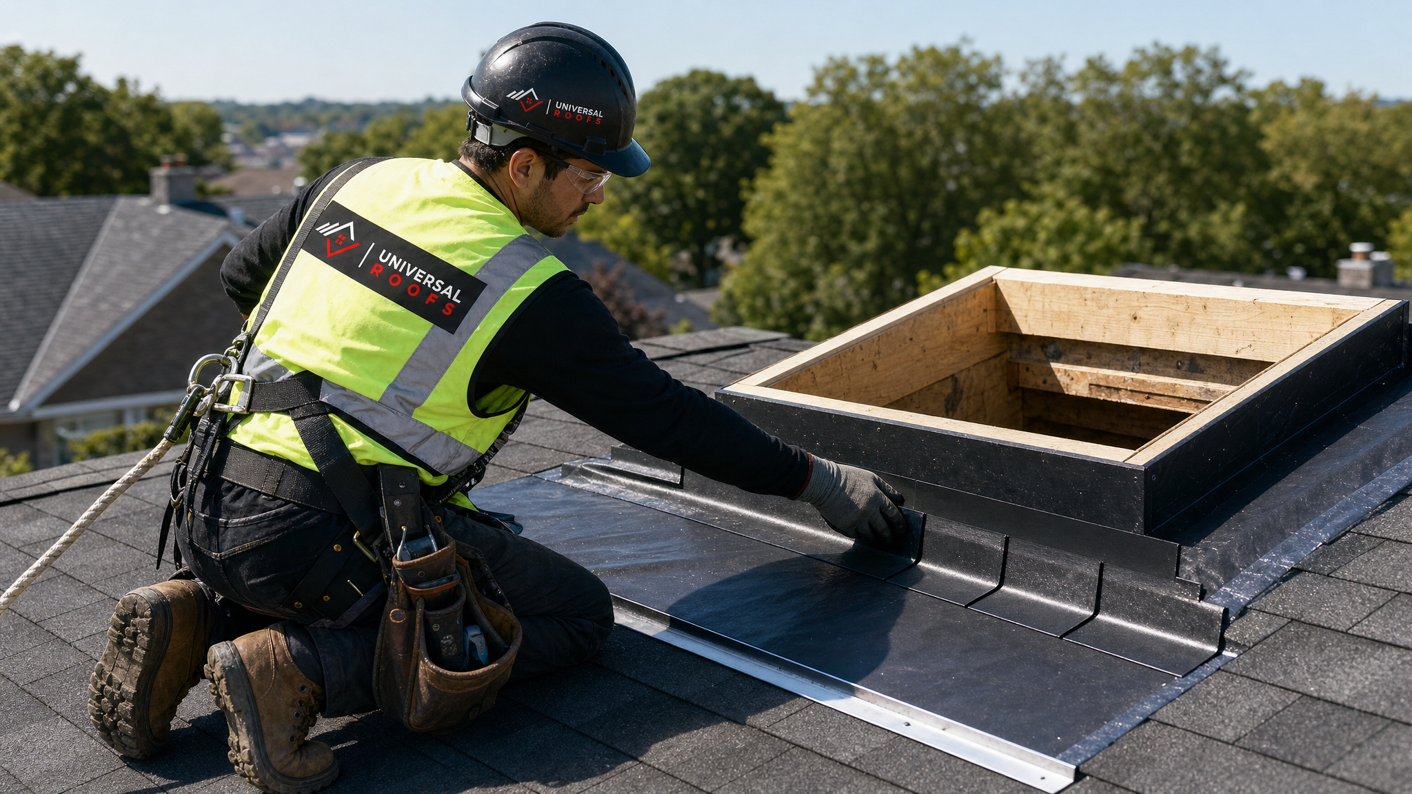 Roofer wearing full safety harness and PPE installing flashing around a new skylight curb on a Toronto pitched roof