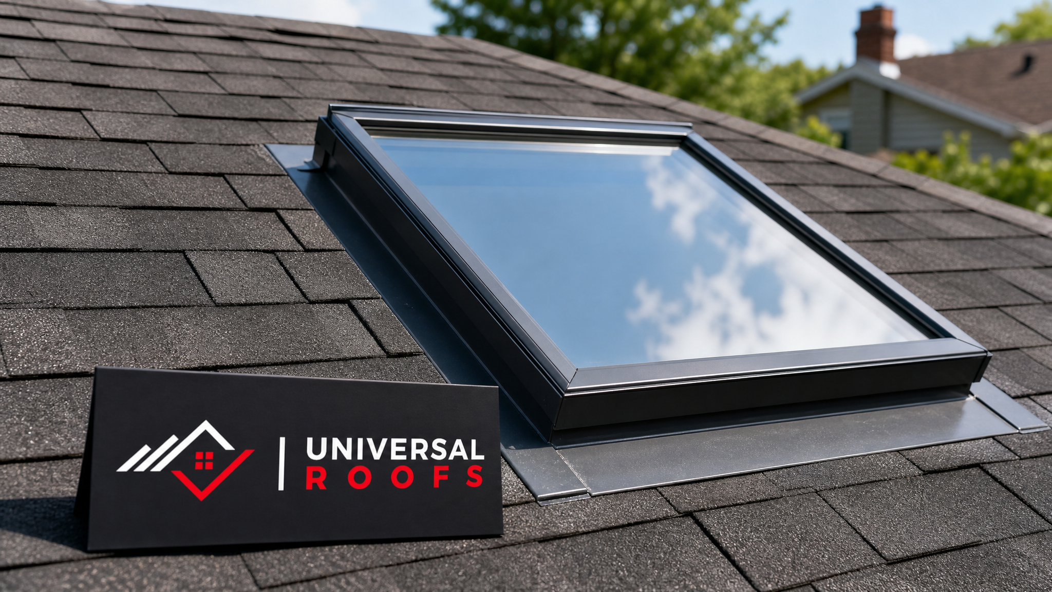 Newly repaired residential skylight on a Toronto home with clean flashing and clear glazing in summer daylight