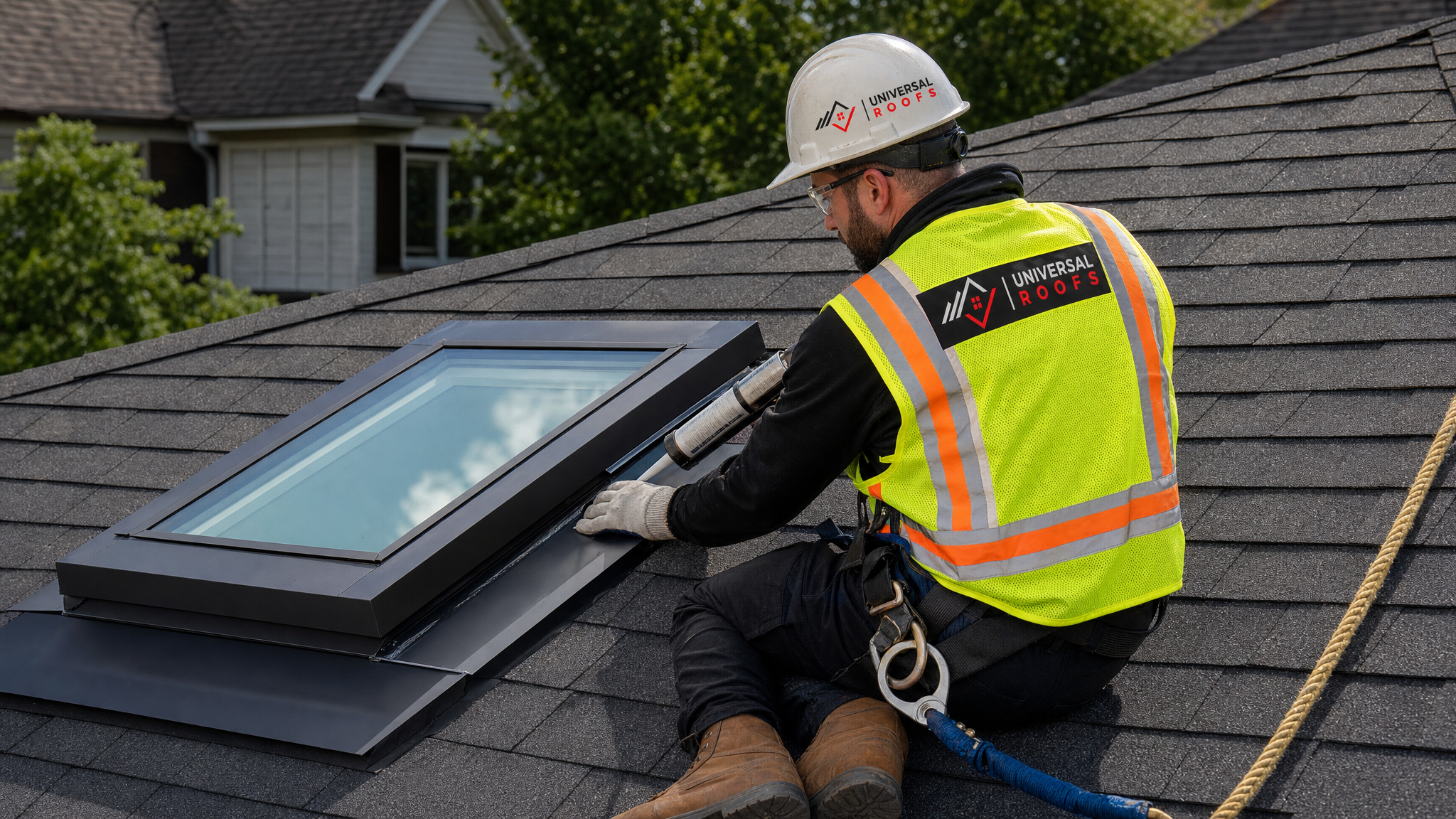 Roofer wearing full safety harness repairing flashing around a residential skylight on a sloped roof in daylight