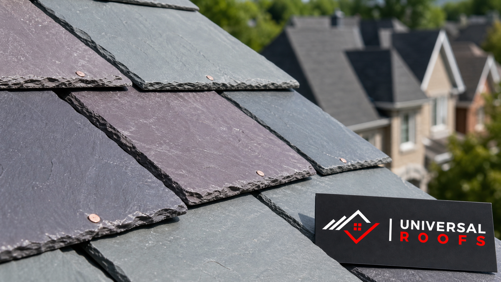 Close-up detail of overlapping natural slate roof tiles showing texture and colour variation
