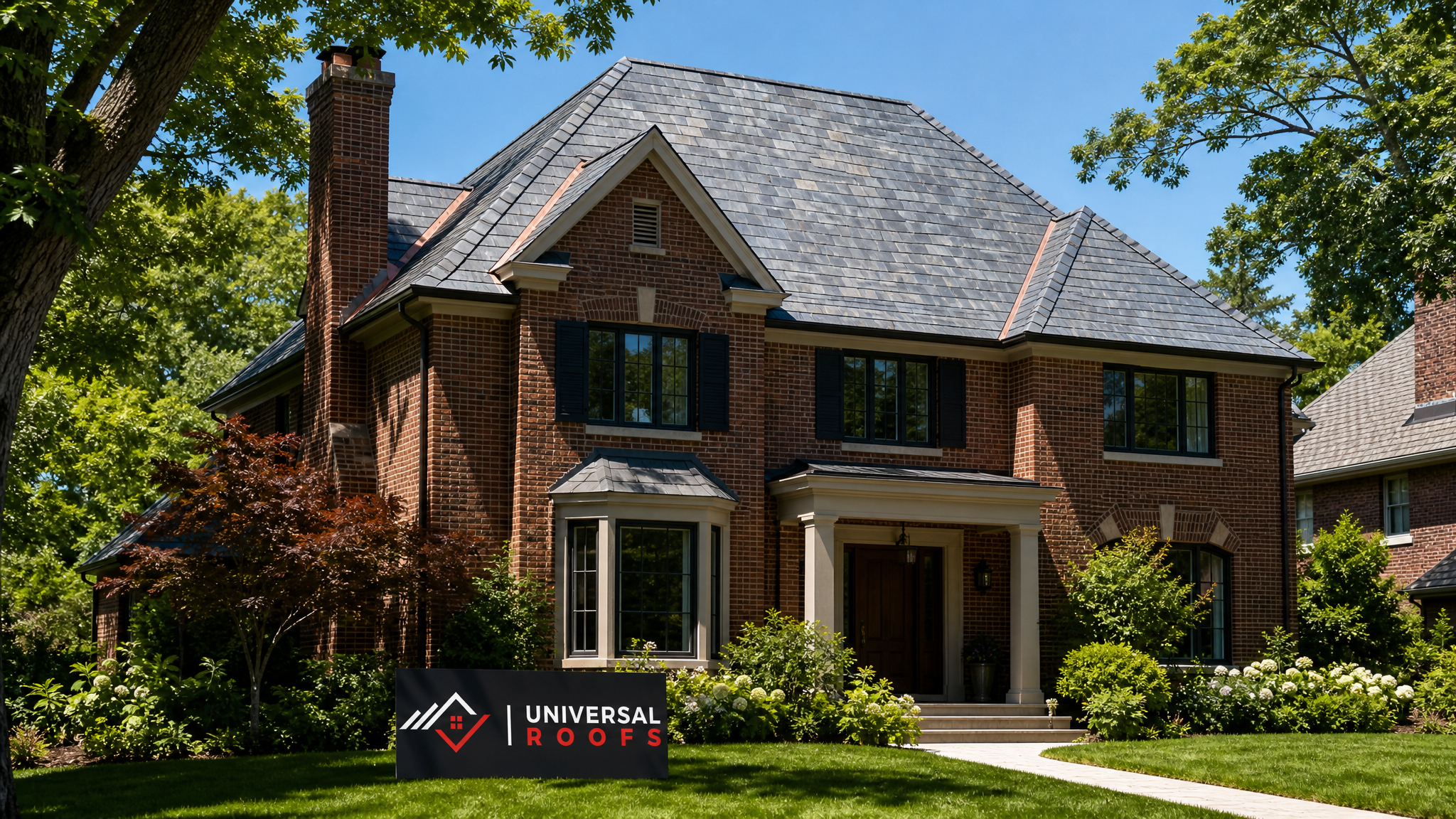 Finished natural slate roof on a Toronto-area heritage style home in summer daylight