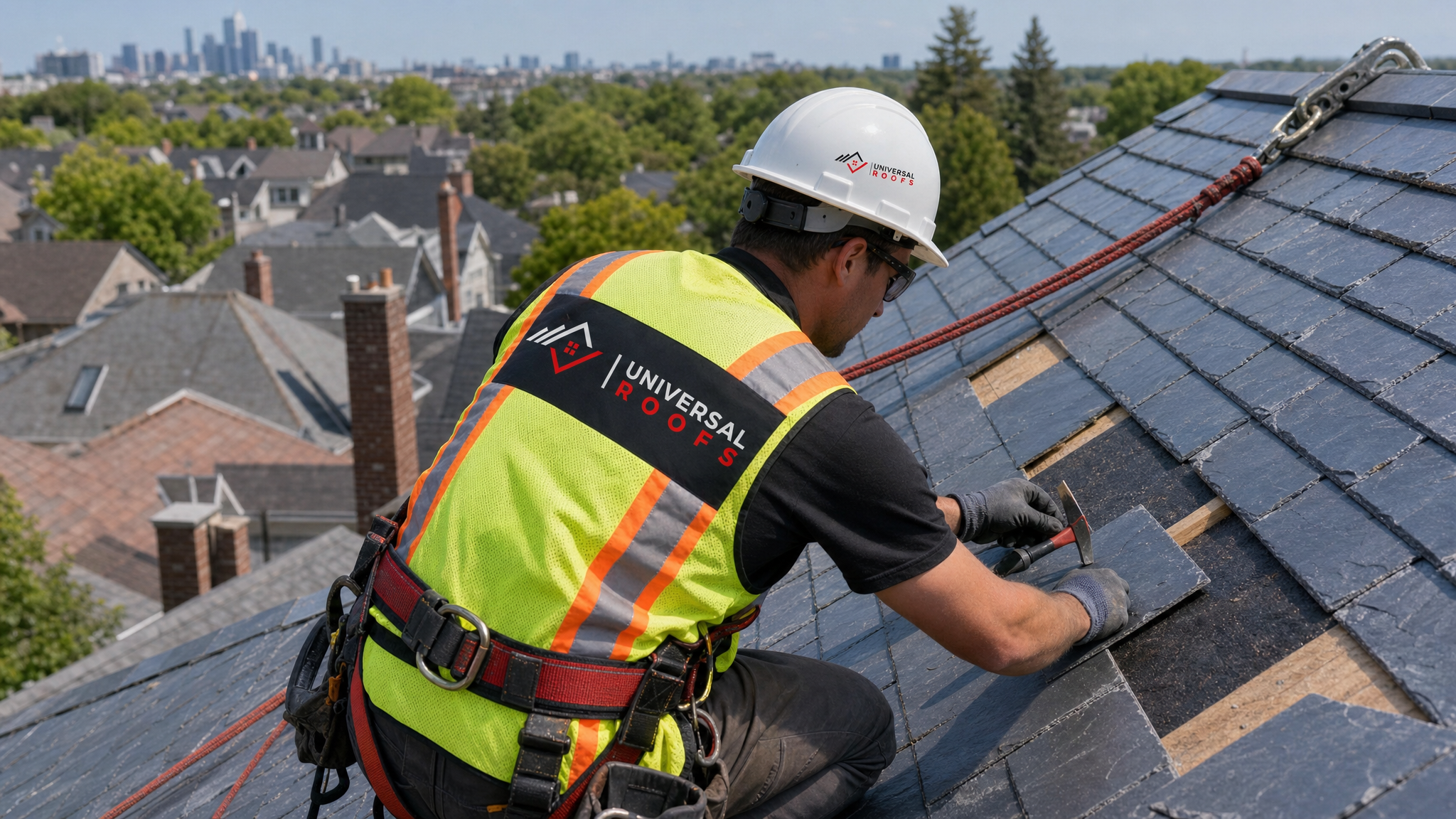 Roofer wearing full safety harness installing individual slate tiles on a steep roof