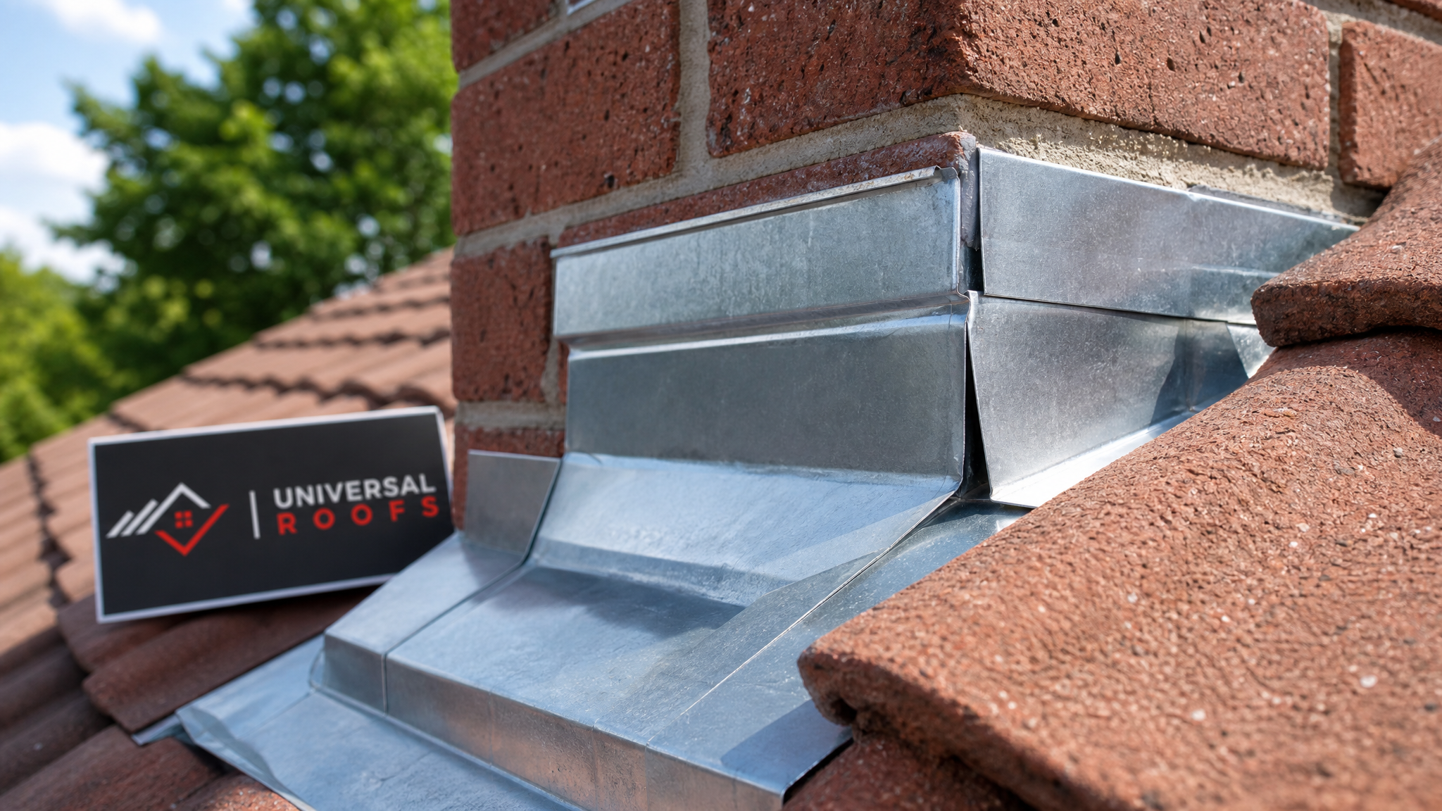 Close-up of new step flashing and counter-flashing correctly woven into tile courses along a chimney base