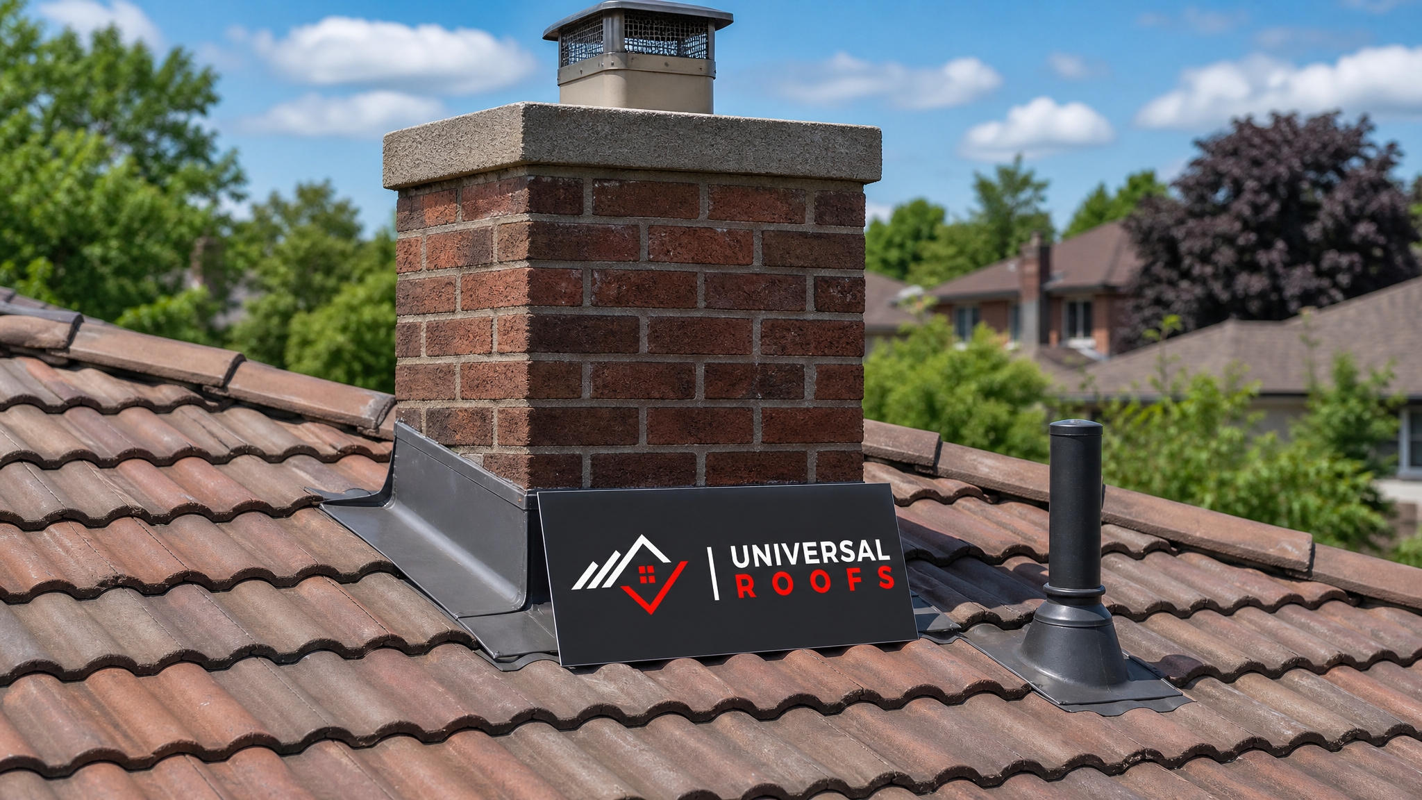 A newly repaired tile roof chimney and vent pipe with clean lead flashing under bright summer daylight in a Toronto neighbourhood
