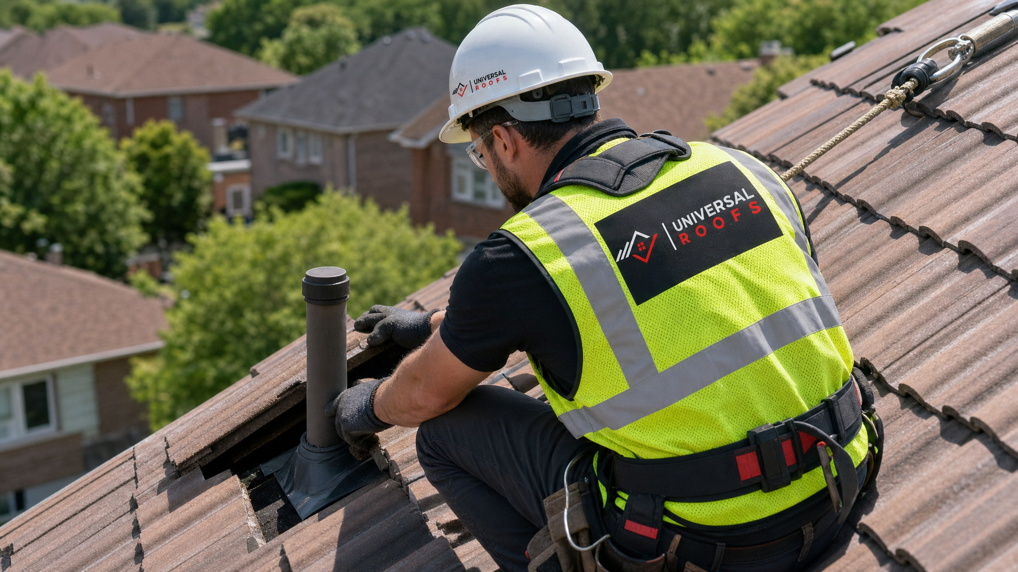 A roofer wearing full safety harness and PPE carefully lifting tiles to inspect and replace a vent boot flashing on a steep tile roof