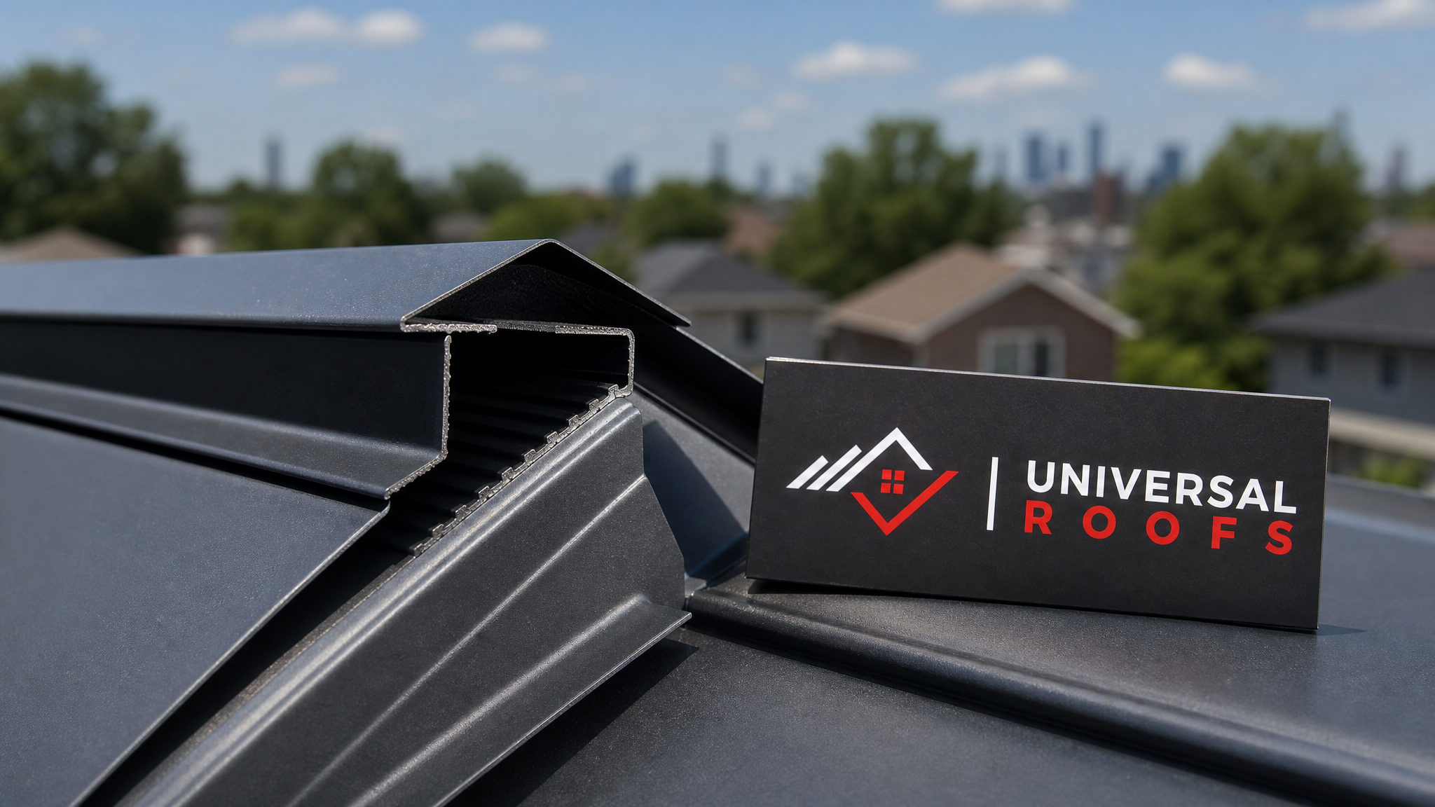Close-up detail of a metal roof ridge vent baffle showing airflow channel and rib profile with a Universal Roofs branded sign placard nearby