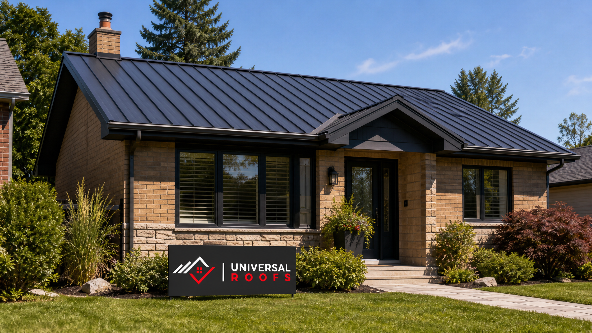 Well-ventilated metal roof on a Toronto home with visible ridge vent line along the peak on a clear summer day