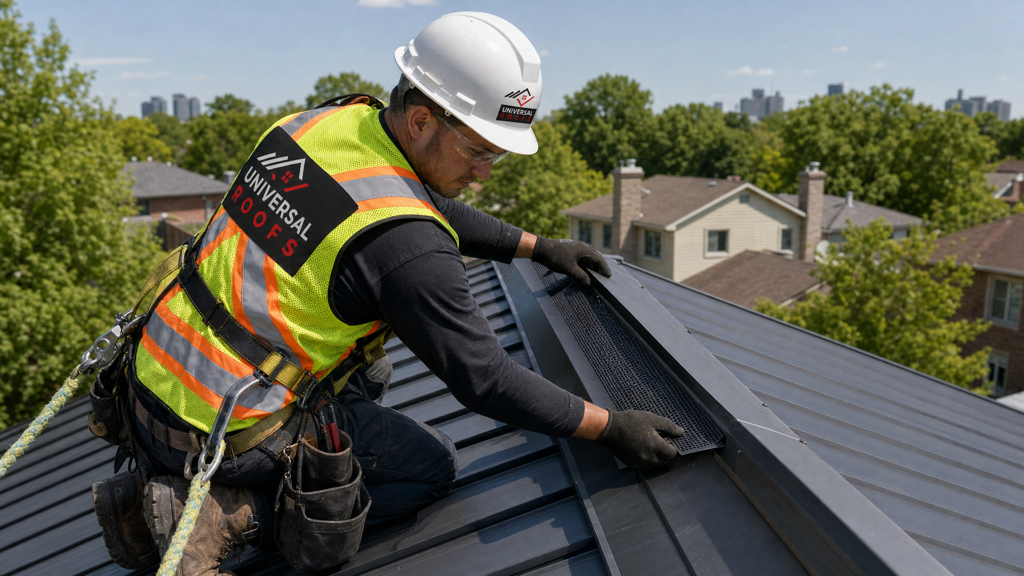 Roofer wearing full safety harness installing a ridge vent baffle along a metal roof ridge line in a Toronto suburban neighbourhood