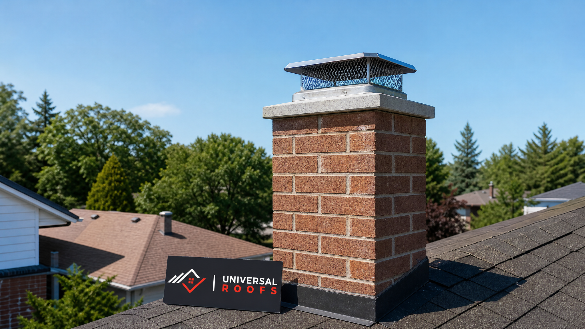 Clean, freshly swept brick chimney with a clear flue liner and undamaged crown on a Toronto home in summer daylight