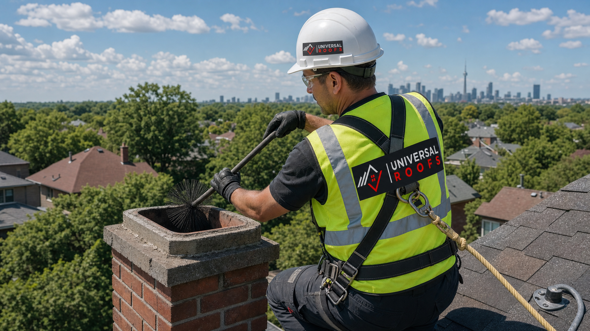 Roofing technician wearing full safety harness and PPE cleaning soot from a chimney flue on a Toronto rooftop in daylight