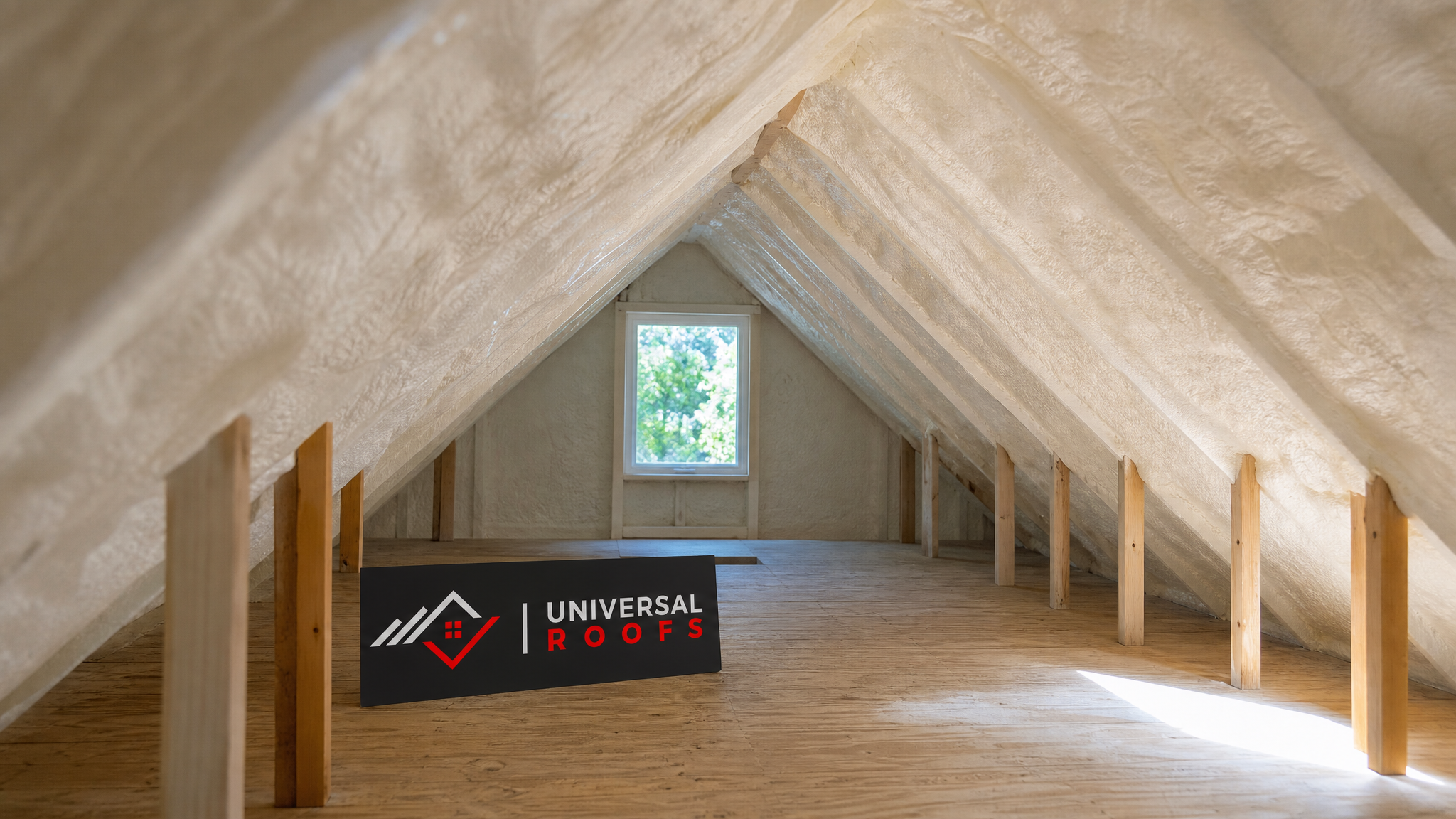 Finished attic space in a Toronto home with smooth closed-cell spray foam insulation applied to the roof deck and rafters, bright summer daylight coming through a small window, Universal Roofs branded sign placard resting on the floor