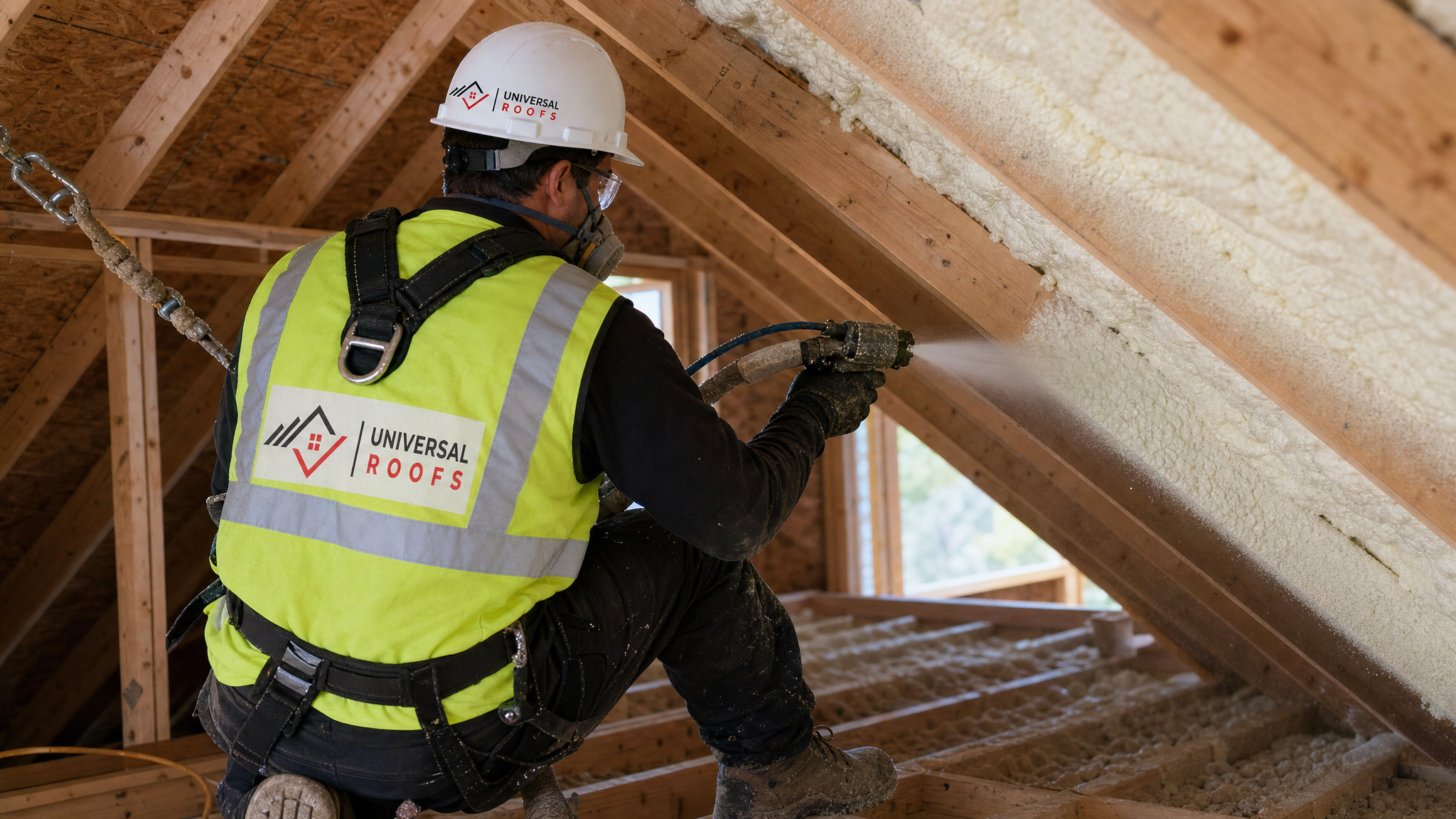 Roofing technician wearing a hard hat, high-visibility vest, safety glasses, work gloves, and a fall-protection harness with safety rope, spraying closed-cell polyurethane foam insulation onto a roof deck in a Toronto attic, Universal Roofs logo printed on the hard hat and on the back of the vest
