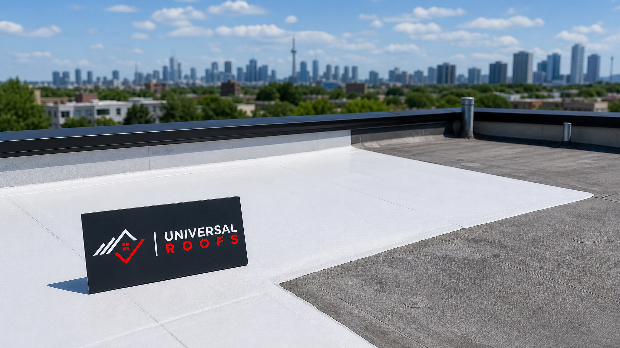Freshly repaired PVC flat roof membrane on a Toronto home under clear summer daylight