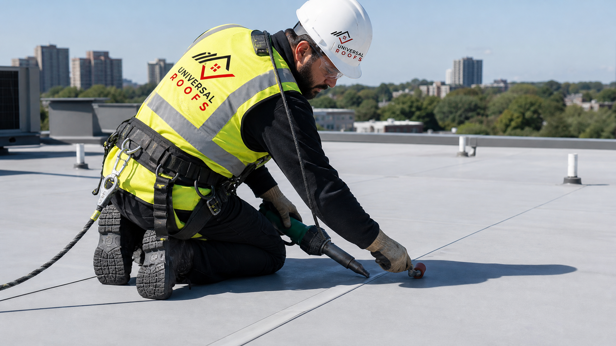 Roofer heat-welding a PVC membrane seam on a flat roof while wearing full safety gear