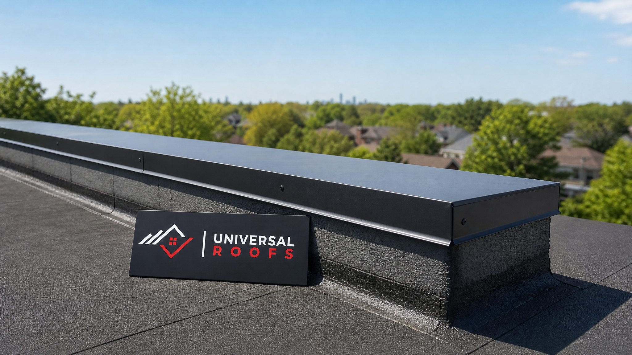 Finished flat roof edge with newly installed metal flashing and sealed membrane under summer daylight in a Toronto neighbourhood
