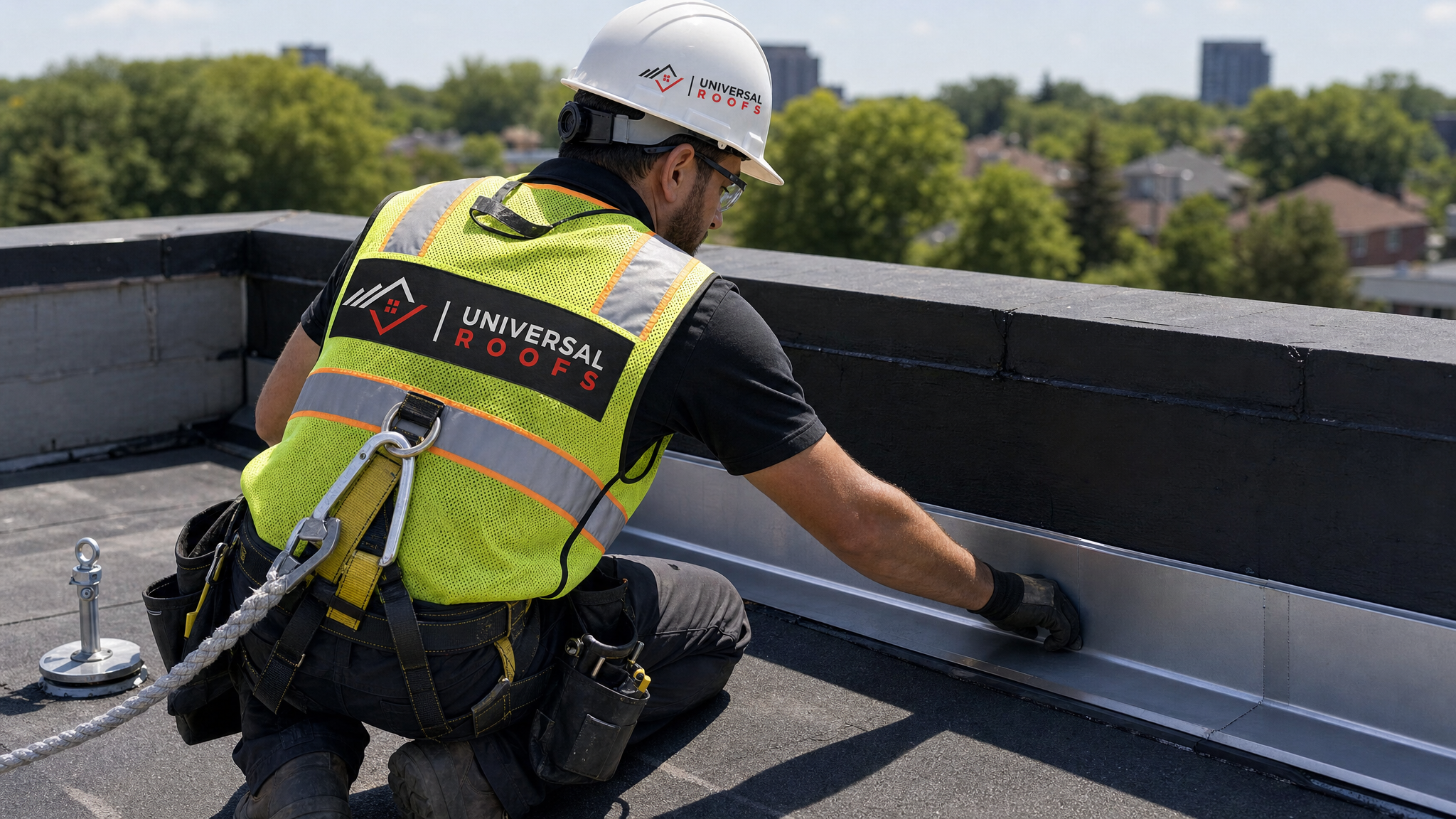 Roofer wearing full safety harness and PPE installing metal flashing along a flat roof parapet wall in daylight