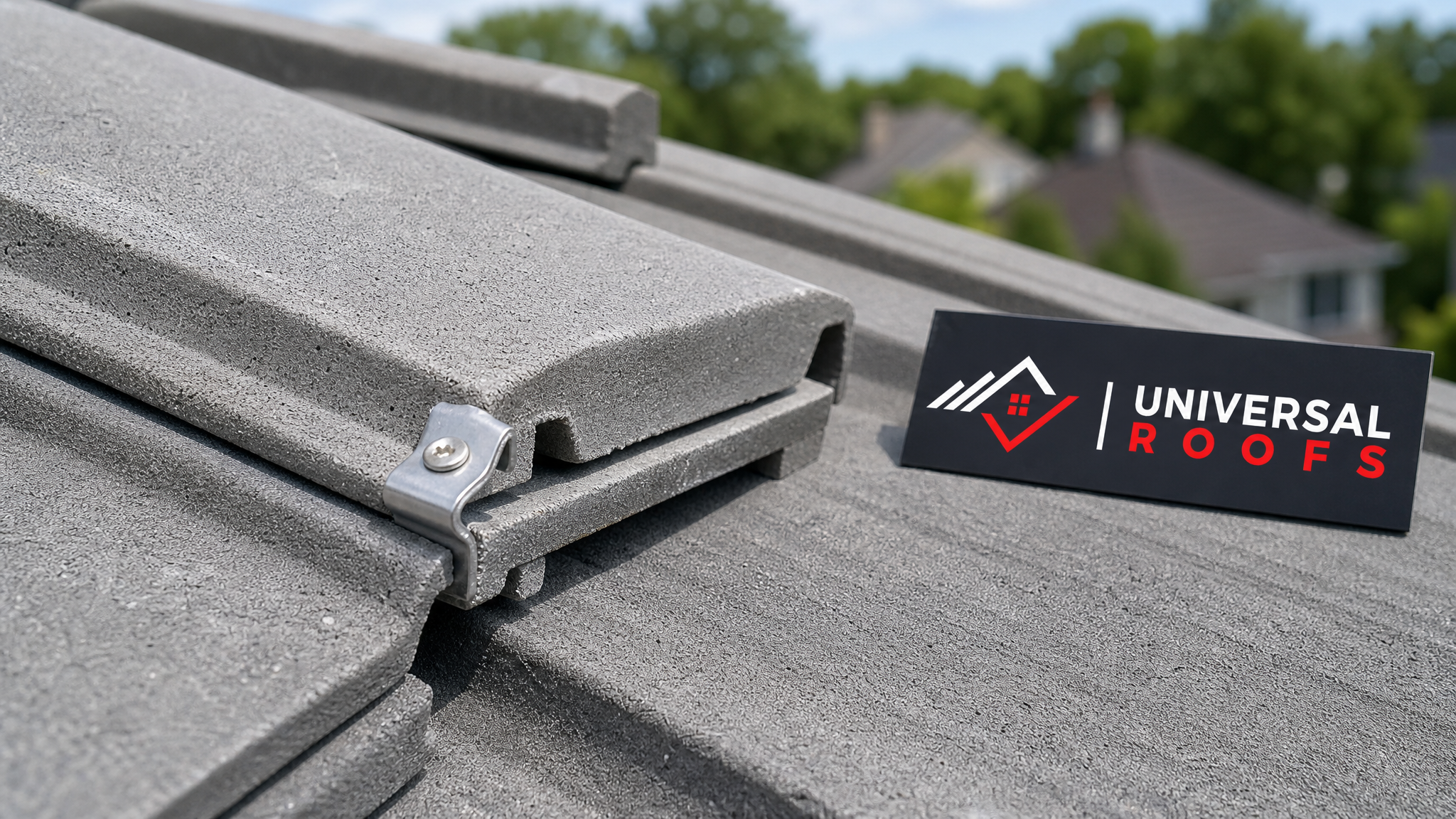 Close-up detail of a new interlocking concrete roof tile fastened with a stainless steel clip during repair