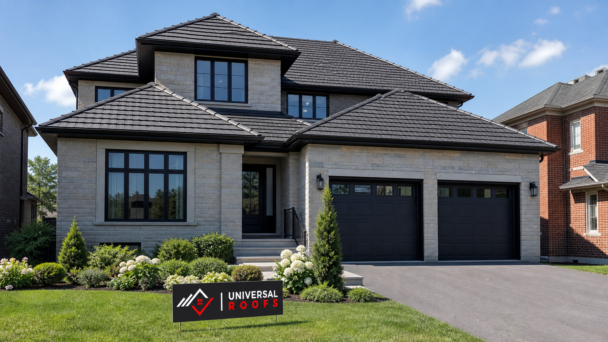 Fully repaired tile roof on a Toronto home under clear summer sky with no visible damage