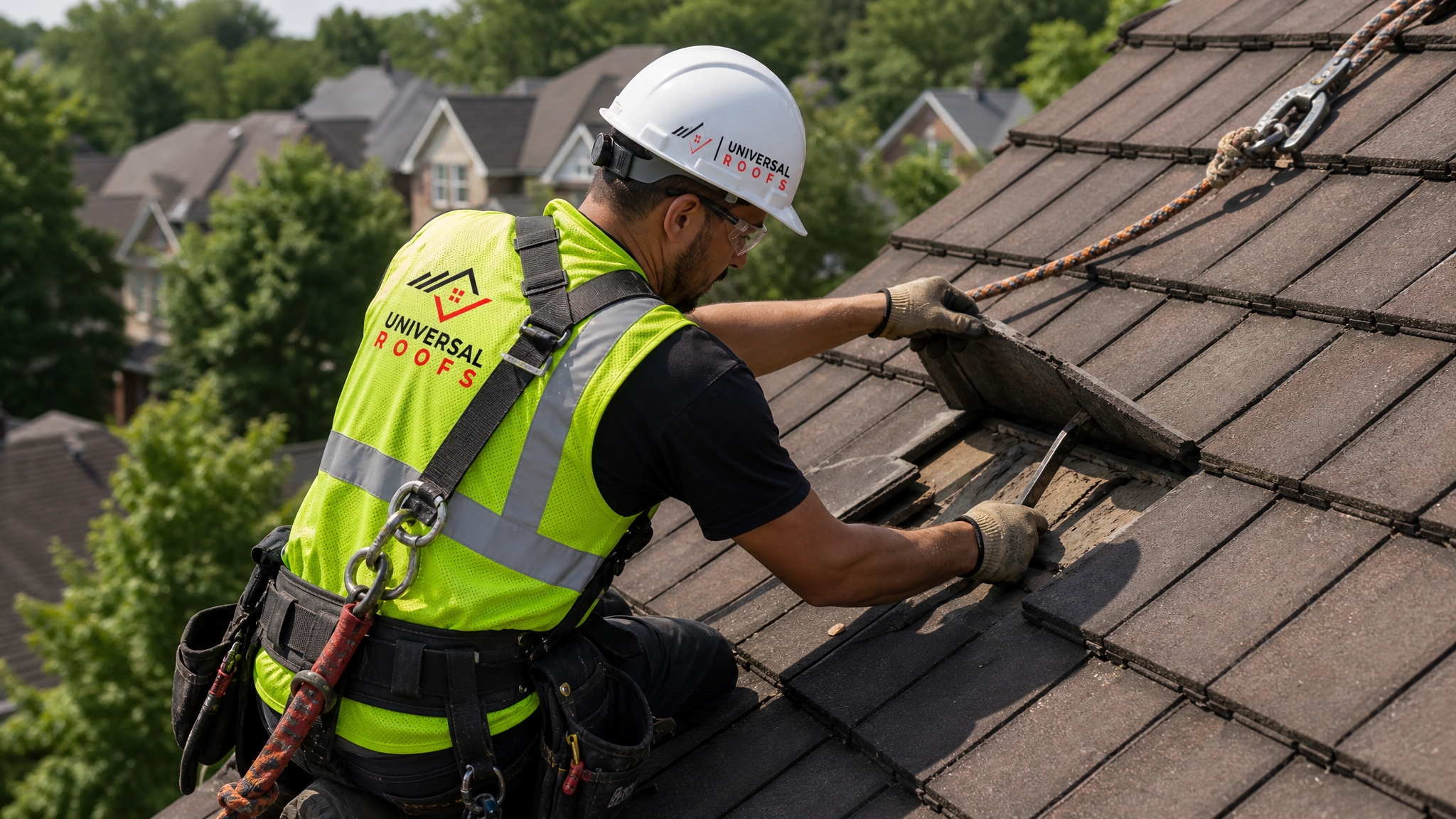 Roofer wearing full safety harness carefully lifting an overlapping roof tile to replace a cracked tile beneath it