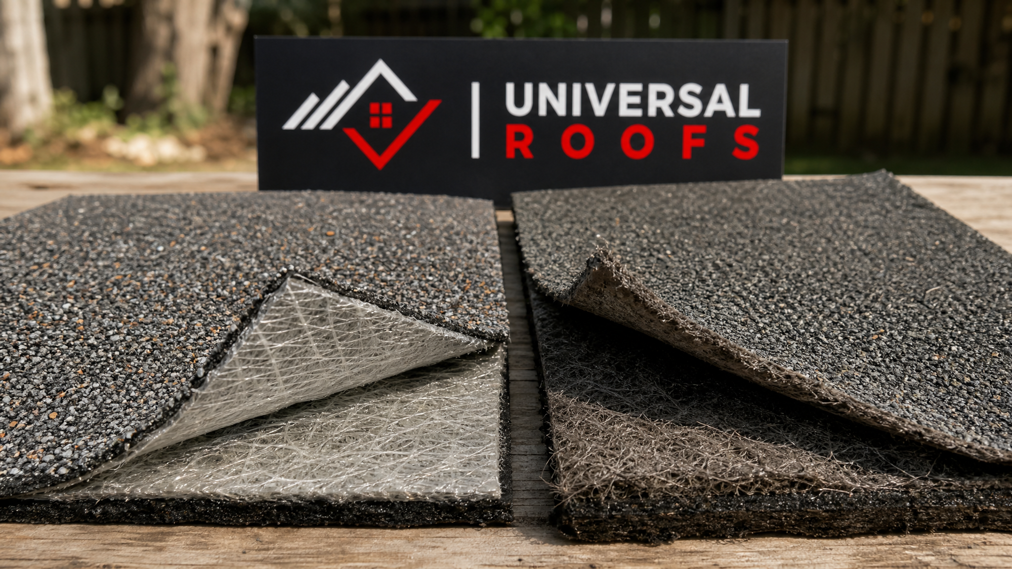 Close-up comparison of an asphalt organic-mat shingle beside a fibreglass-mat shingle showing the layered mat construction