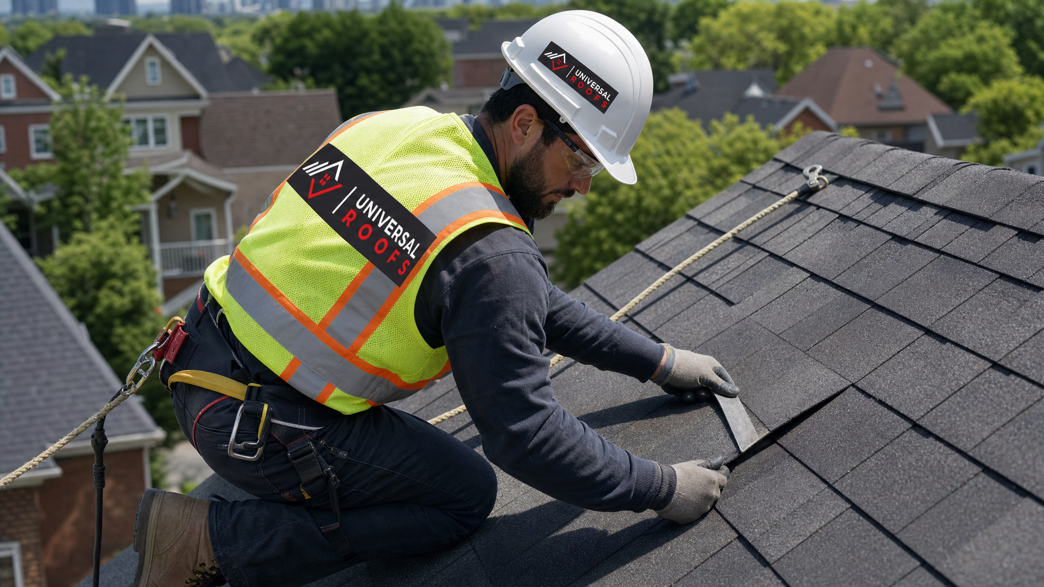 Roofer wearing full safety harness replacing a damaged shingle on a steep roof slope in Toronto
