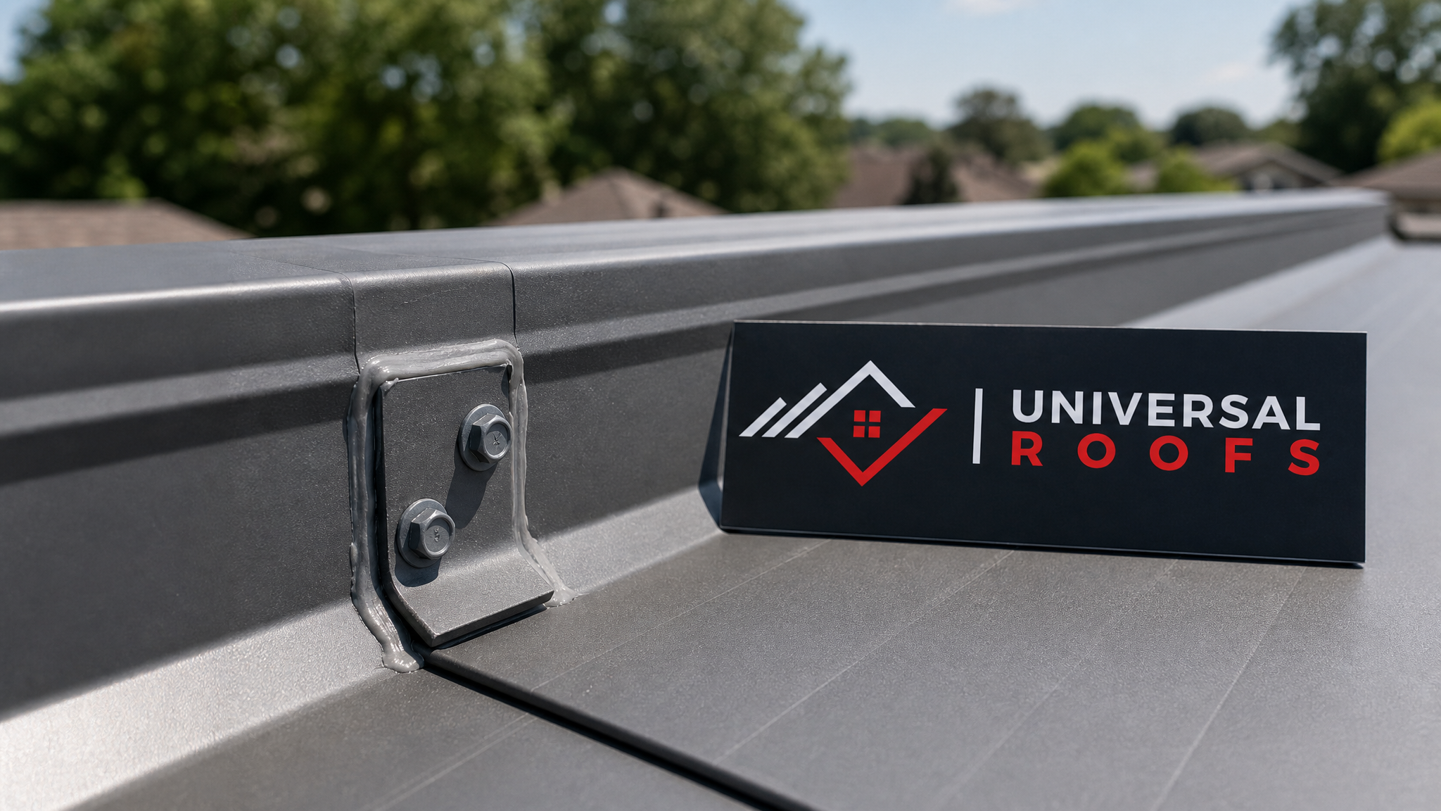 Close-up of a repaired metal roof seam with new sealant and fasteners