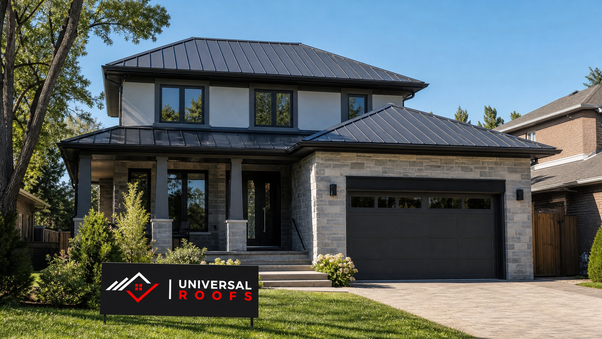 Freshly repaired standing seam metal roof on a Toronto-area home glinting in summer daylight