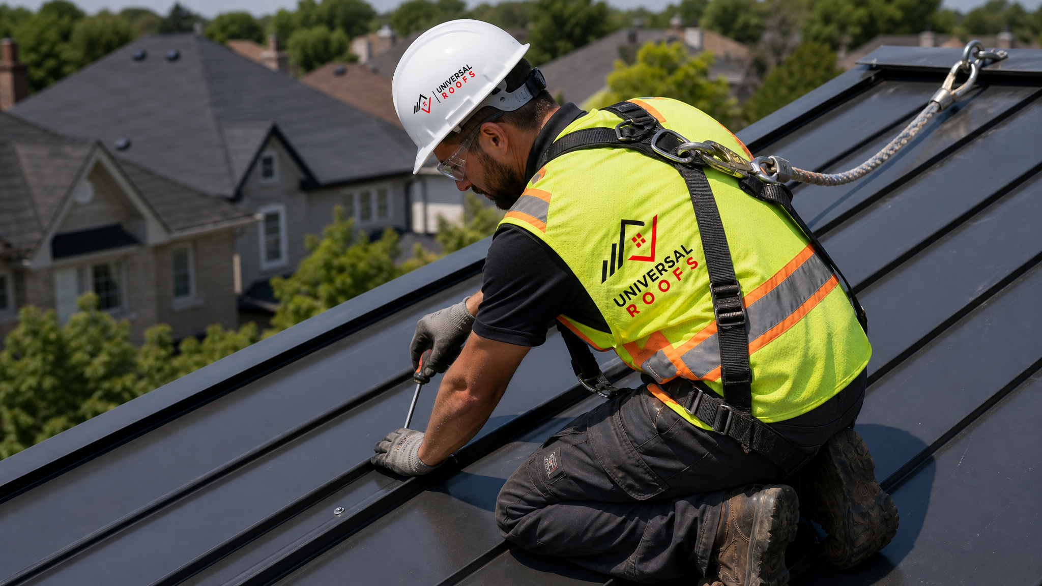 Roofing professional in full safety gear repairing a seam on a metal roof in Toronto