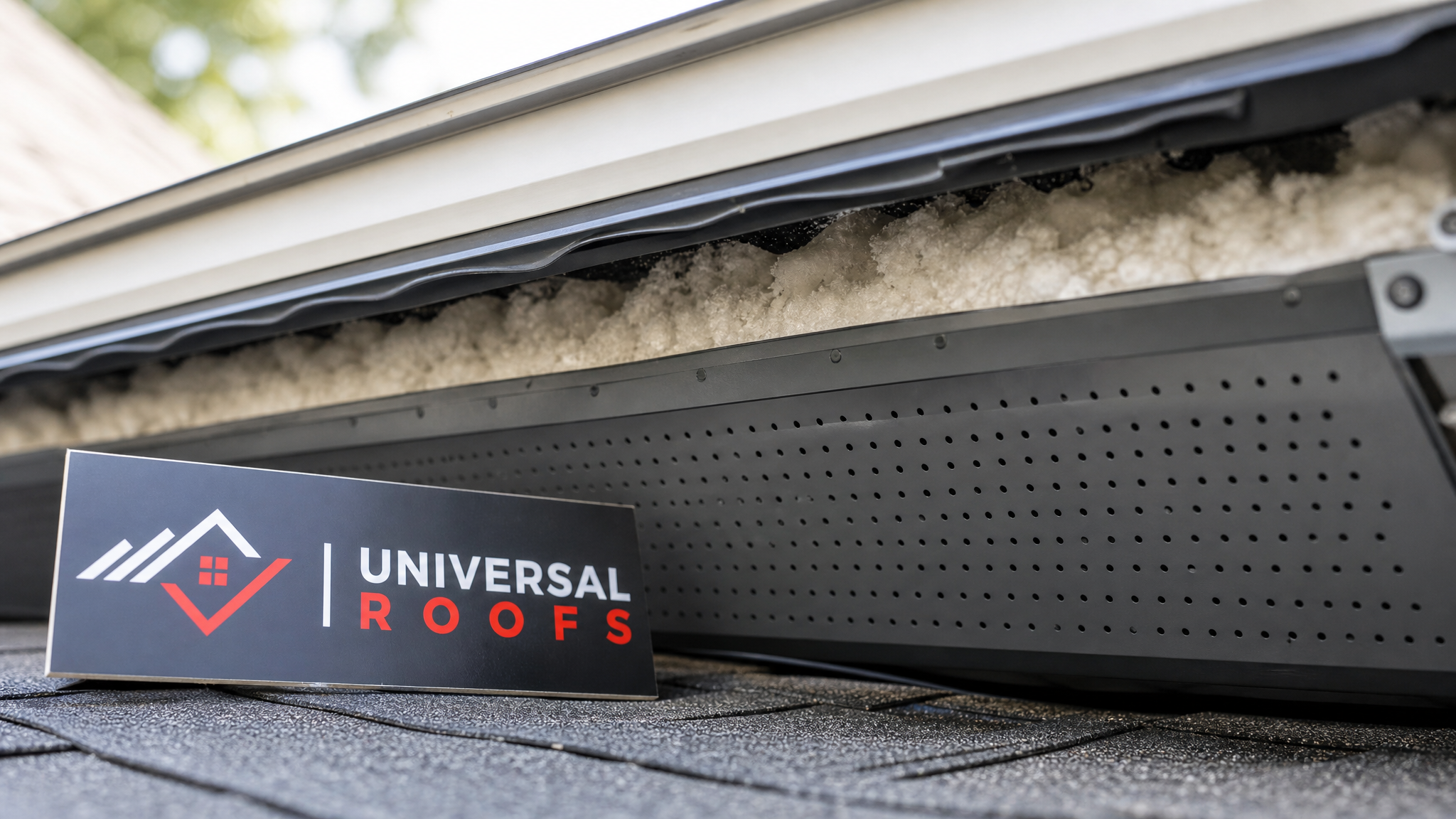 Close-up of a soffit intake vent panel and baffle installed correctly at the roof eave