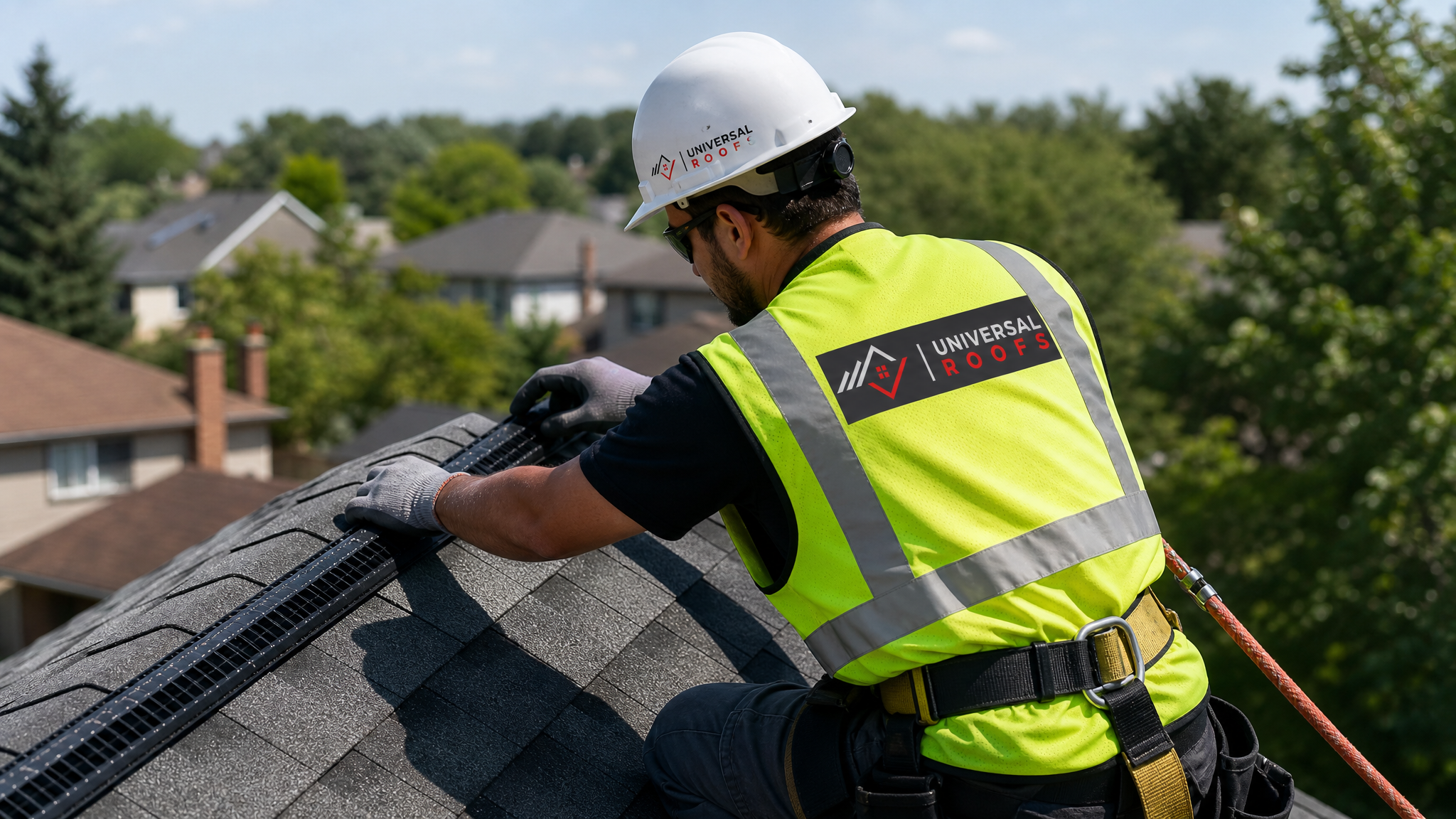Roofer wearing full safety harness installing a ridge vent along a roof peak in daylight