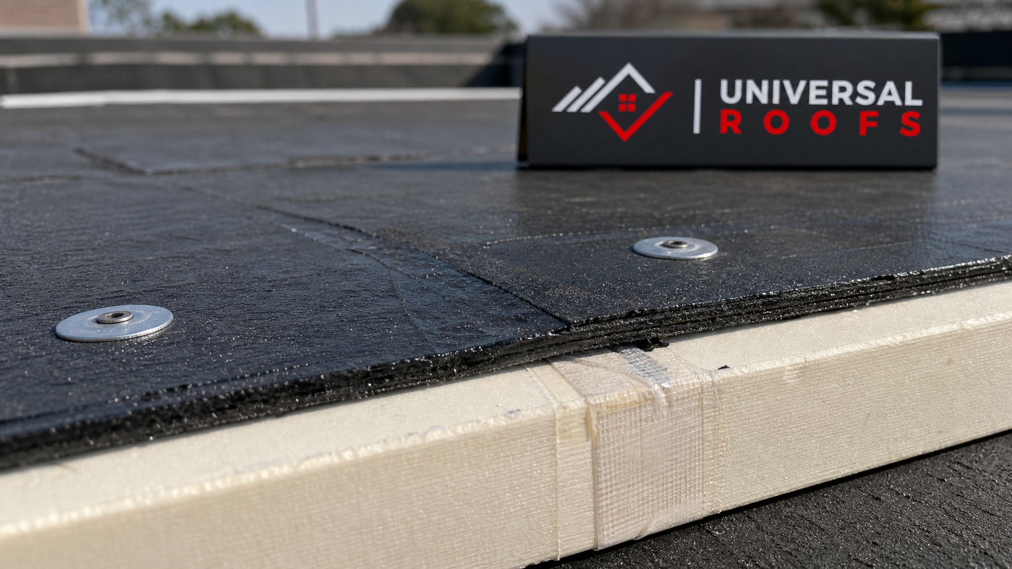 Close-up of rigid foam insulation board seams taped and sealed against a self-adhered waterproof membrane on a roof deck