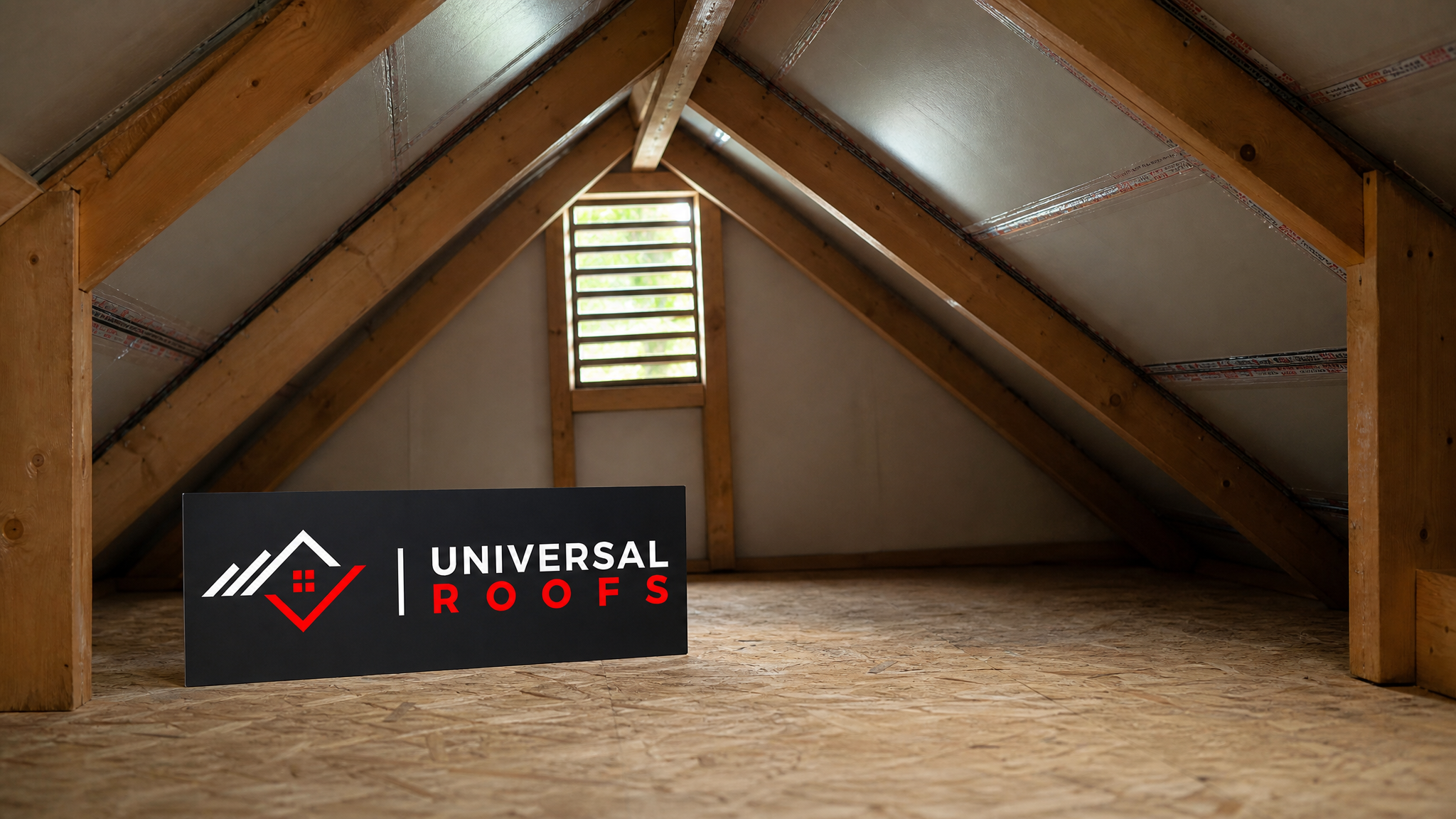 Newly insulated and waterproofed attic roofline in a Toronto home showing rigid foam insulation panels sealed beneath a waterproof membrane